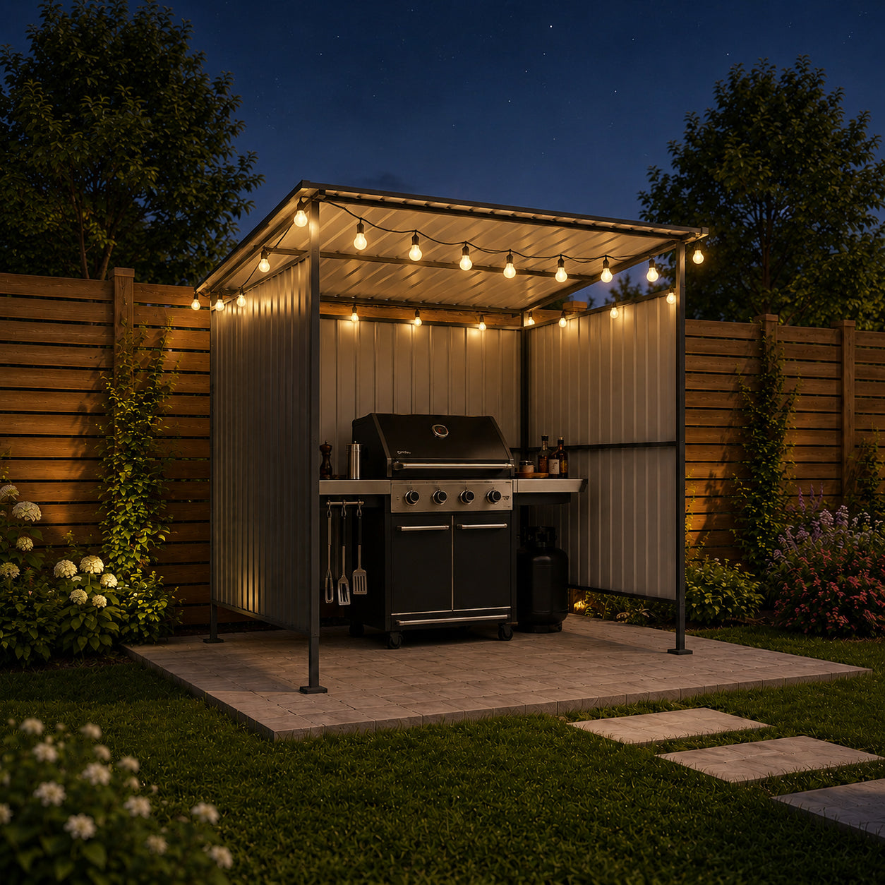 6x6FT Outdoor Pergola with Hardtop Roof, Lean-to Metal Shelter