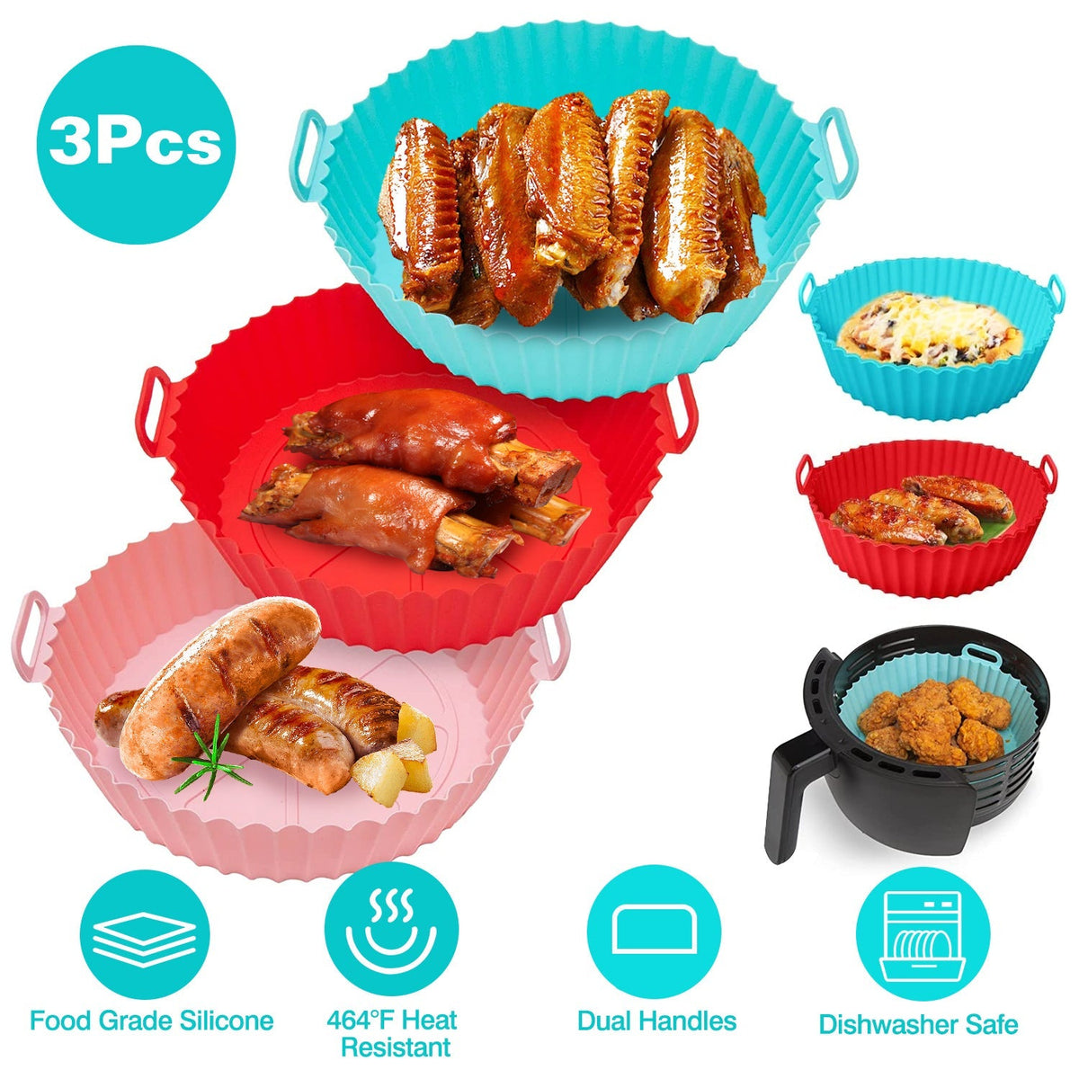 3Pcs Reusable Foldbale Air Fryer Silicone Pot 464¡F Heat Resistant Round Replacement of Parchment Liners 3 Food Grade Baking Basket Pans for 4+Quart A