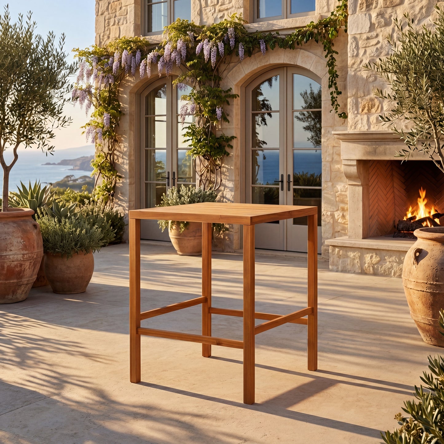 41.14-Inch Height Teak Finish Acacia Solid Wood Outdoor Dining Table