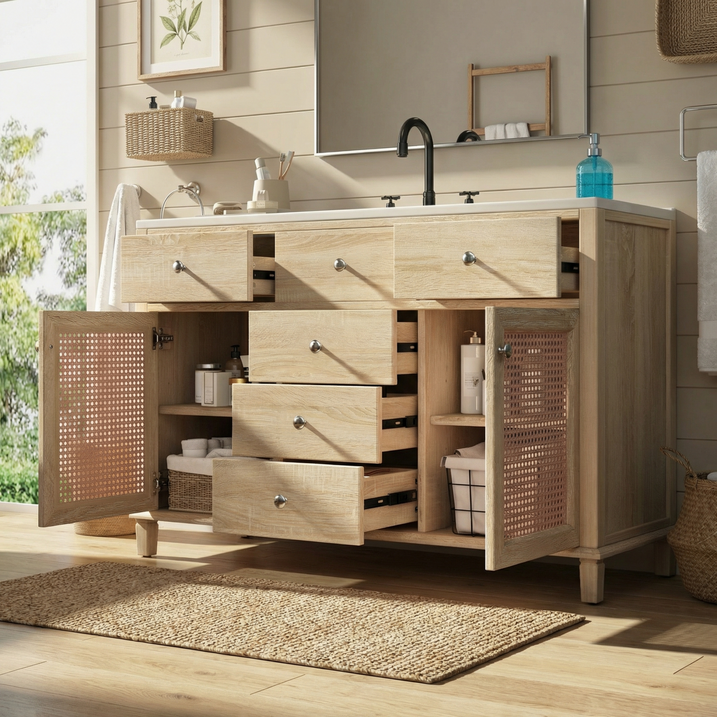 48-Inch Natural Rattan Bathroom Vanity