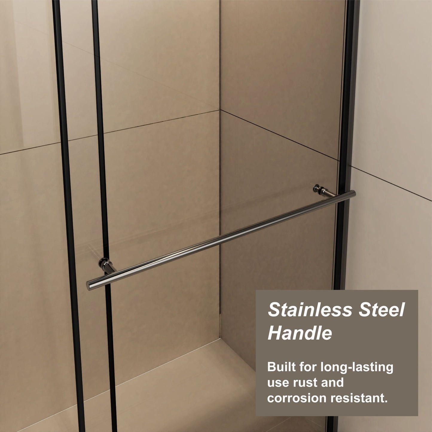 Glass Shower Door, Shower Sliding Door Walk In Shower Screen Dual Usage, 1 / 4" Thick Glass Panel With Stainless Steel Handle, Supporting Bar - Black