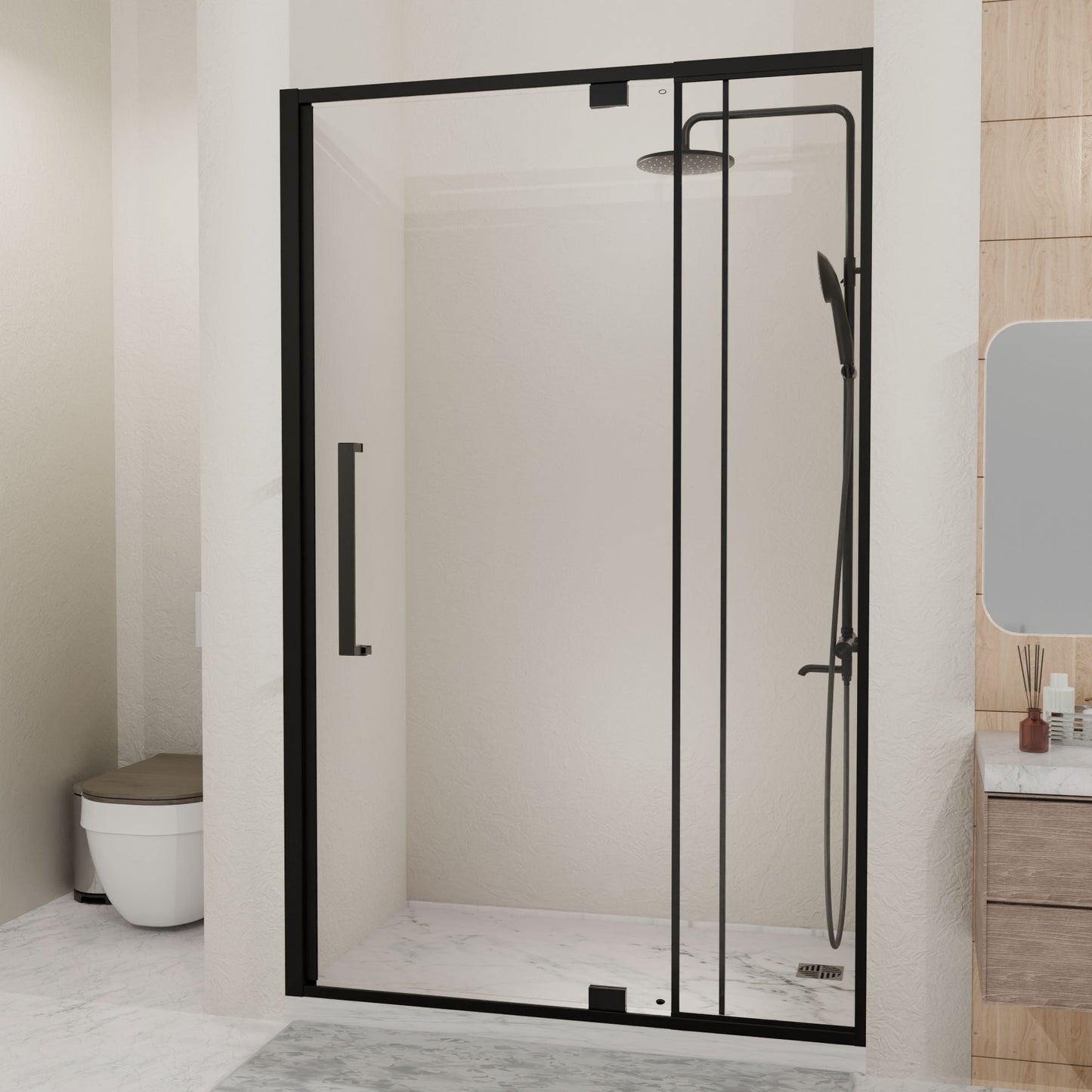 Semi Frameless Pivot Hinged Shower Door, Reversible Design