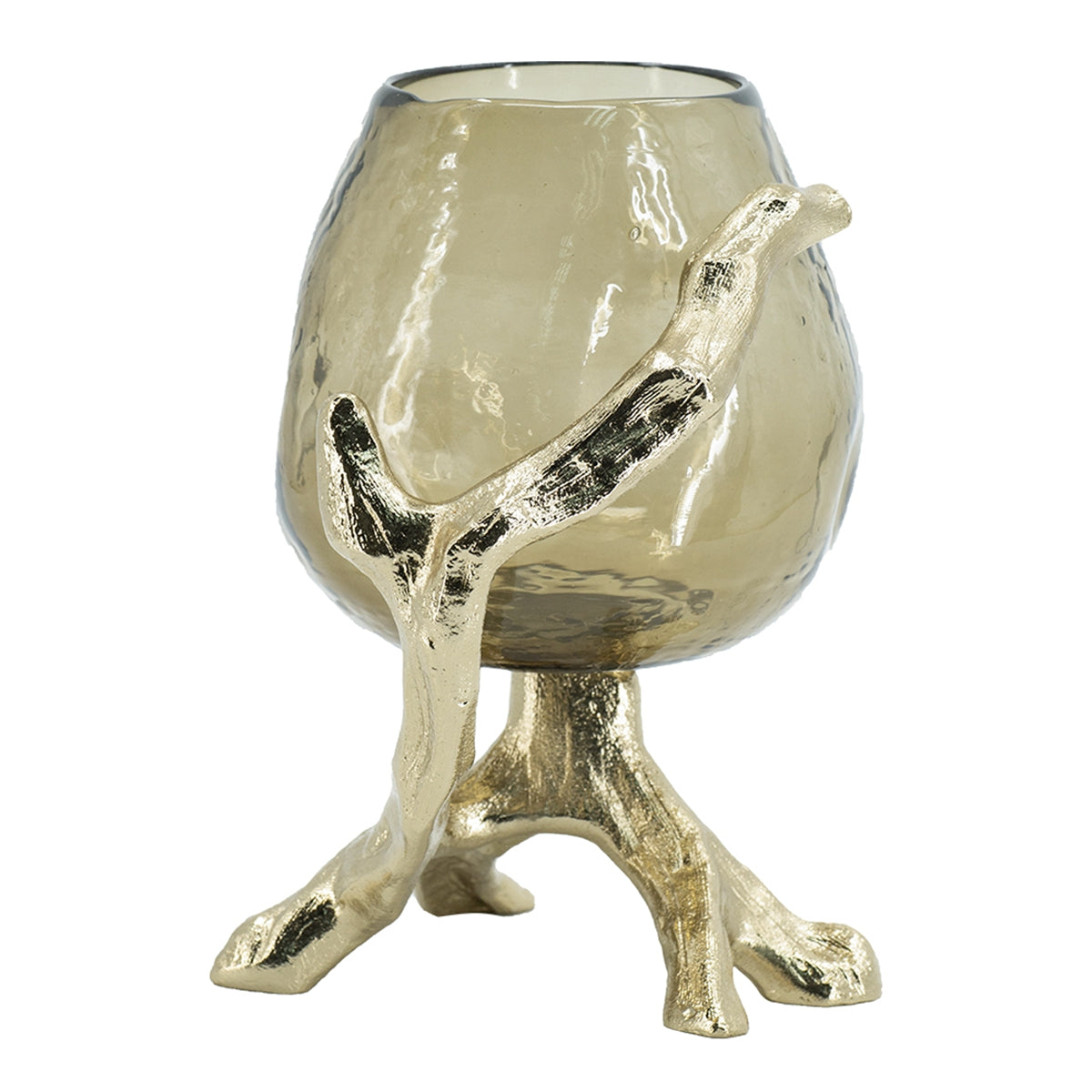 Olive Glass Candle Holder with Gold Metal Legs