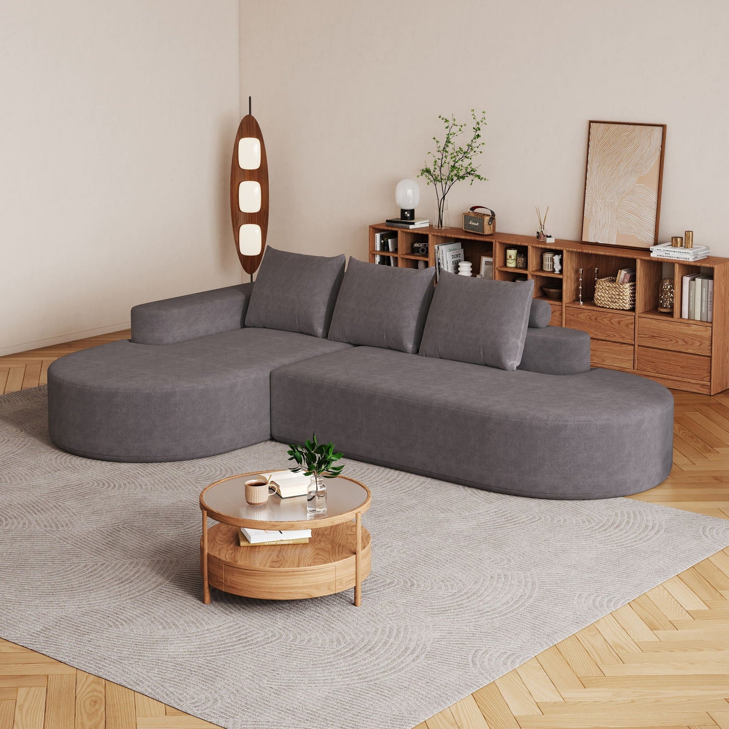 Modern Curved Sofa, L-Shaped Modular Sectional Set With 3 Pillows