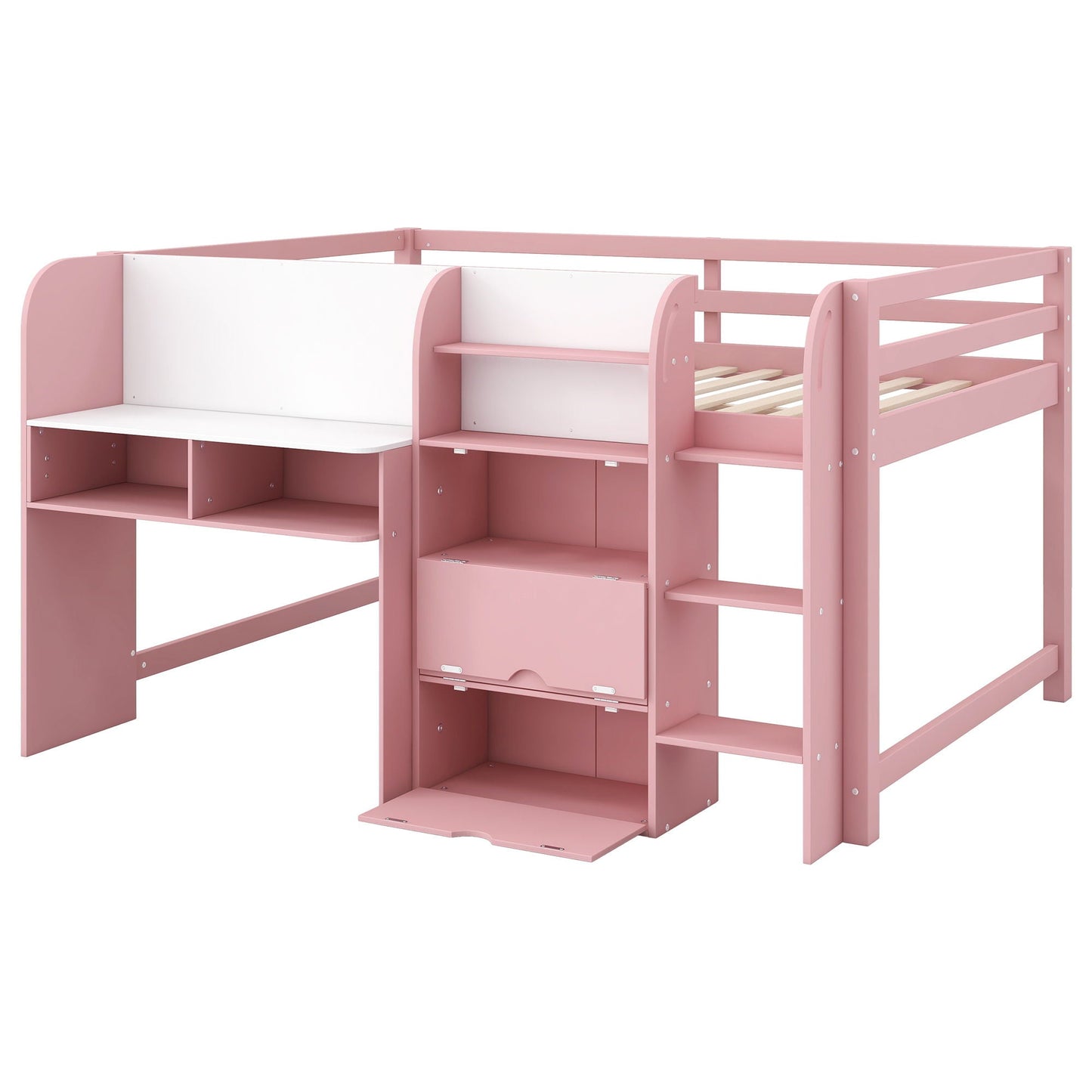 Low Loft Bed With Built In Desk, Storage Cabinets, Open Bookcase And Doodle board