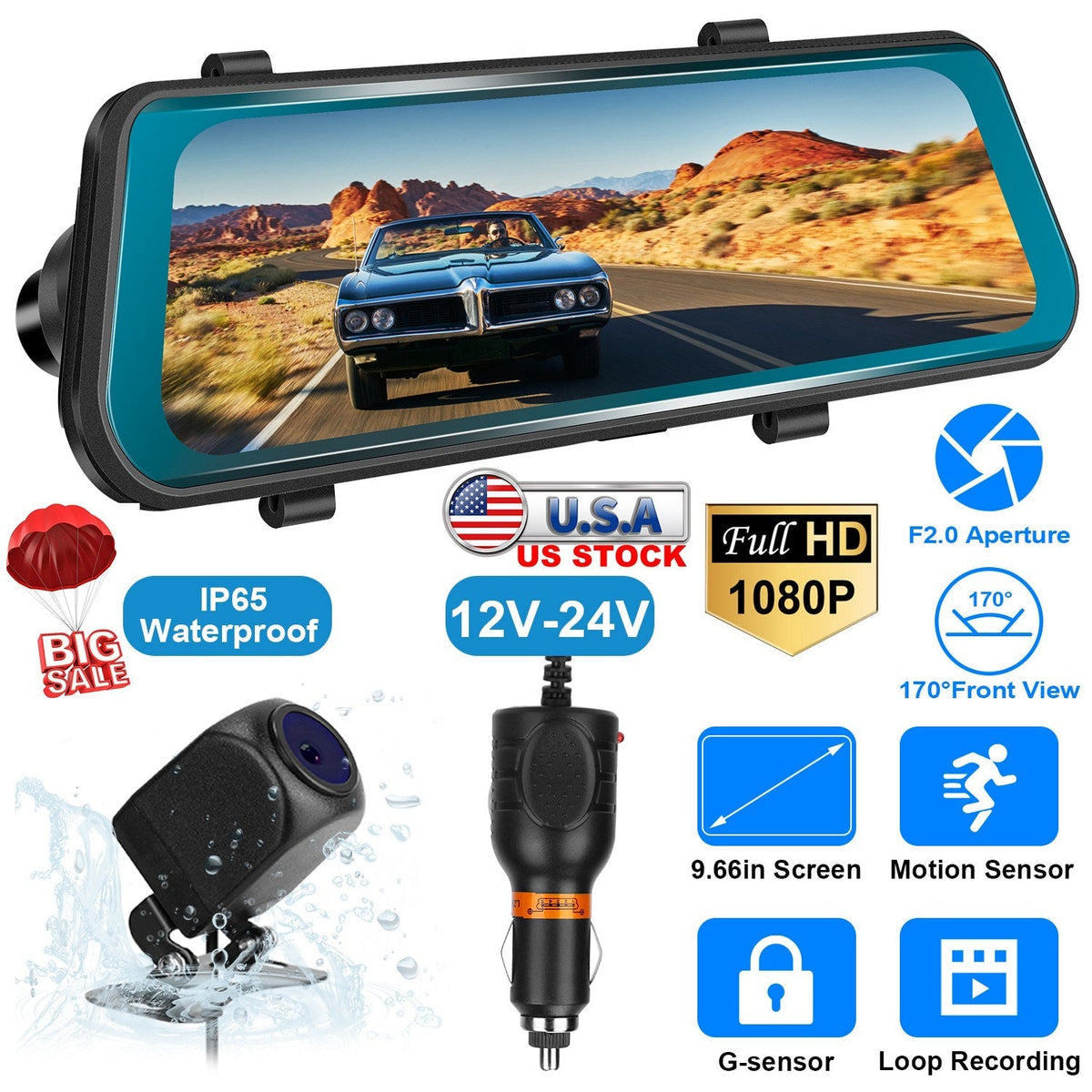 FHD 1080P Car DVR Dash Camera 9.66In Vehicle Driving Recorder w/ G Sensor Parking Monitoring Seamless Recording