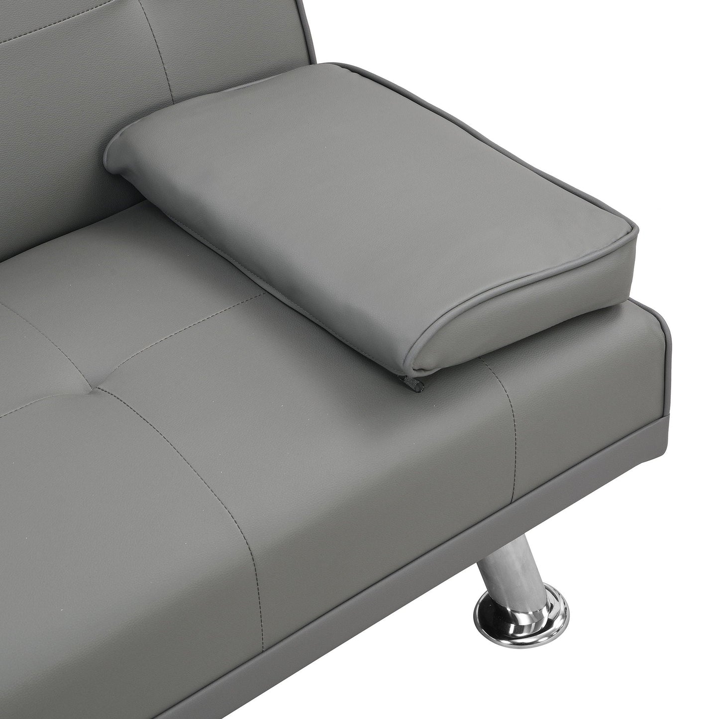 Sofa Bed With Armrest Two Holders Wood Frame, Stainless Leg Futon - Gray