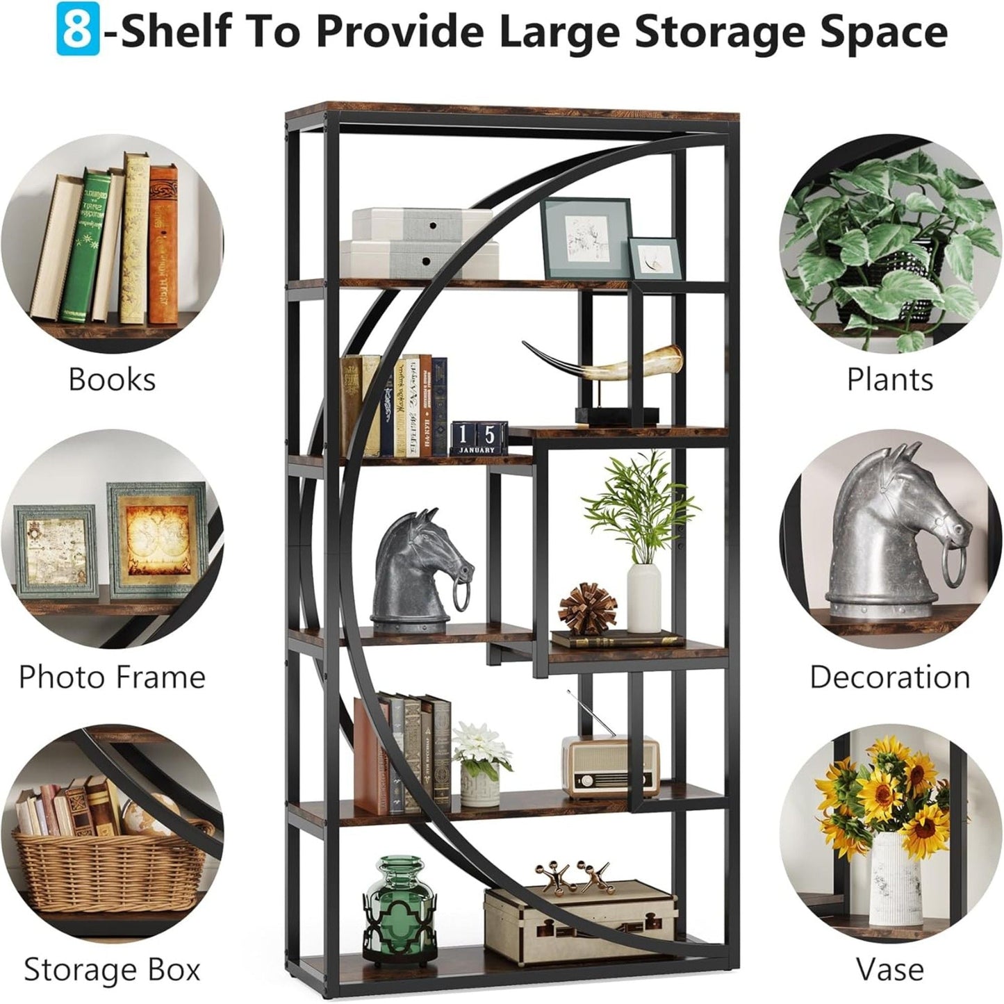 5 Tier Etagere Bookshelf With 8 Open Shelves Organizer For Living Room