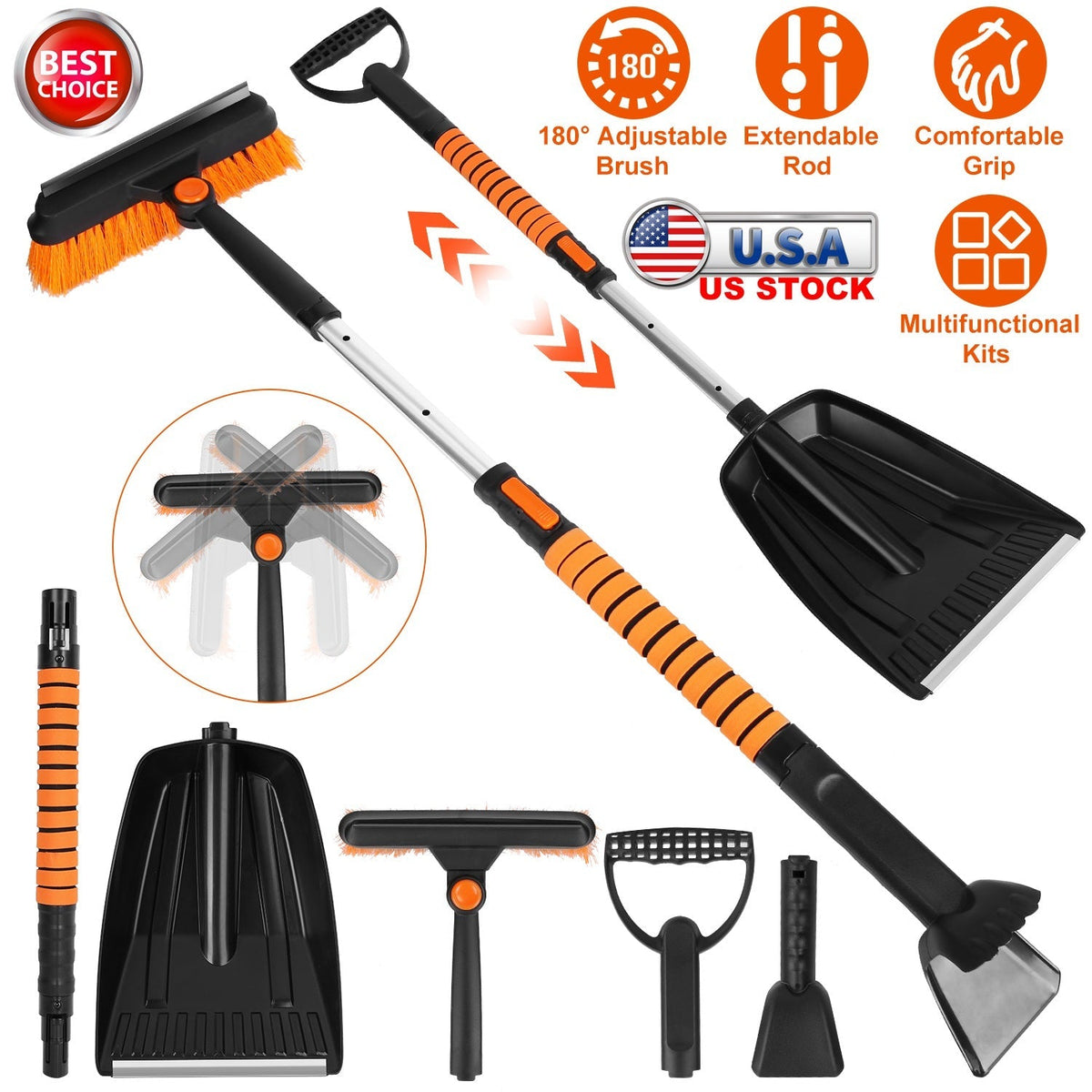 5 in 1 Detachable Snow Remover Kits Extendable Ice Scraper Snow Shovel 180¡ Adjustable Snow Brush Head for Car Windshield Roof