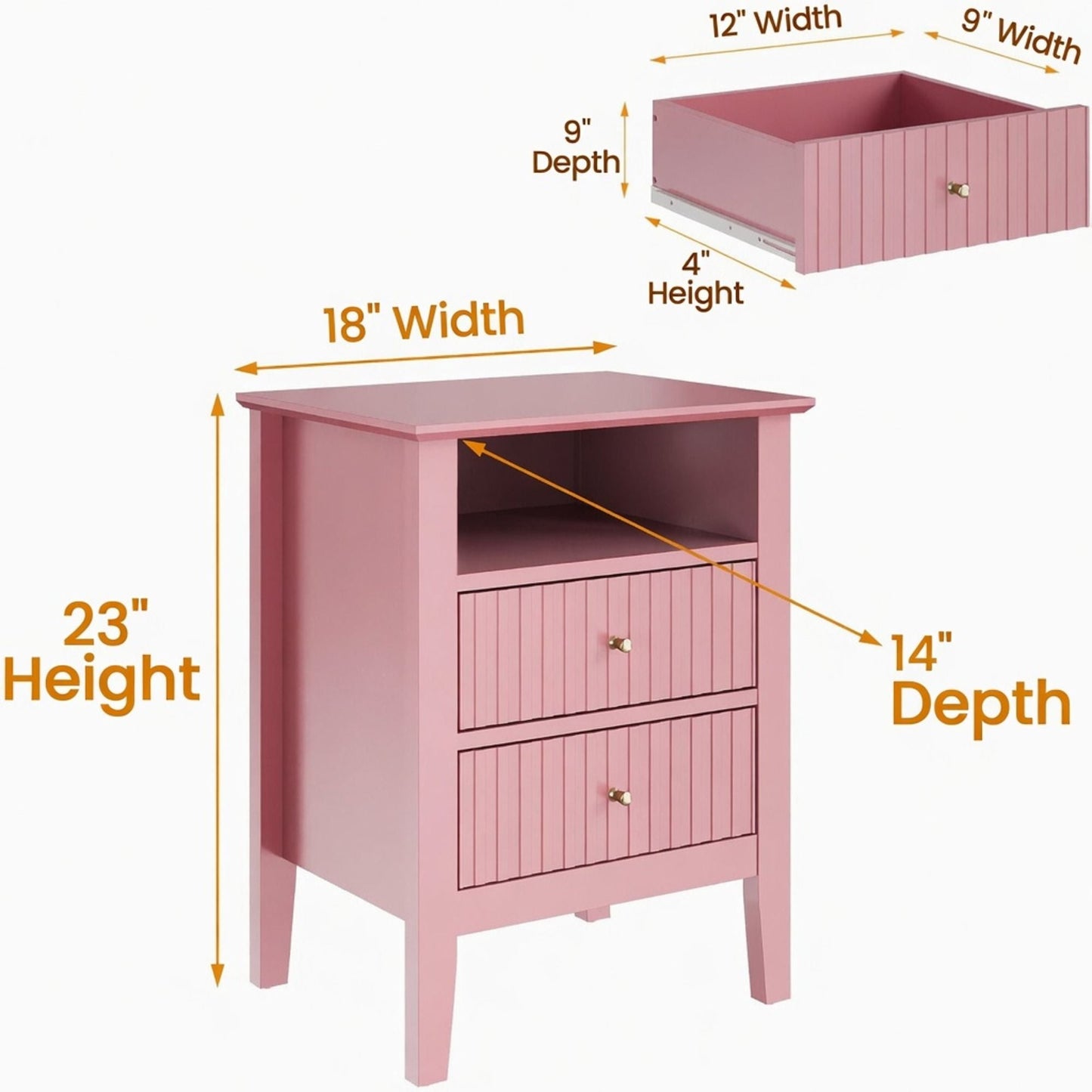 Fluted Nightstand With 2 Drawers