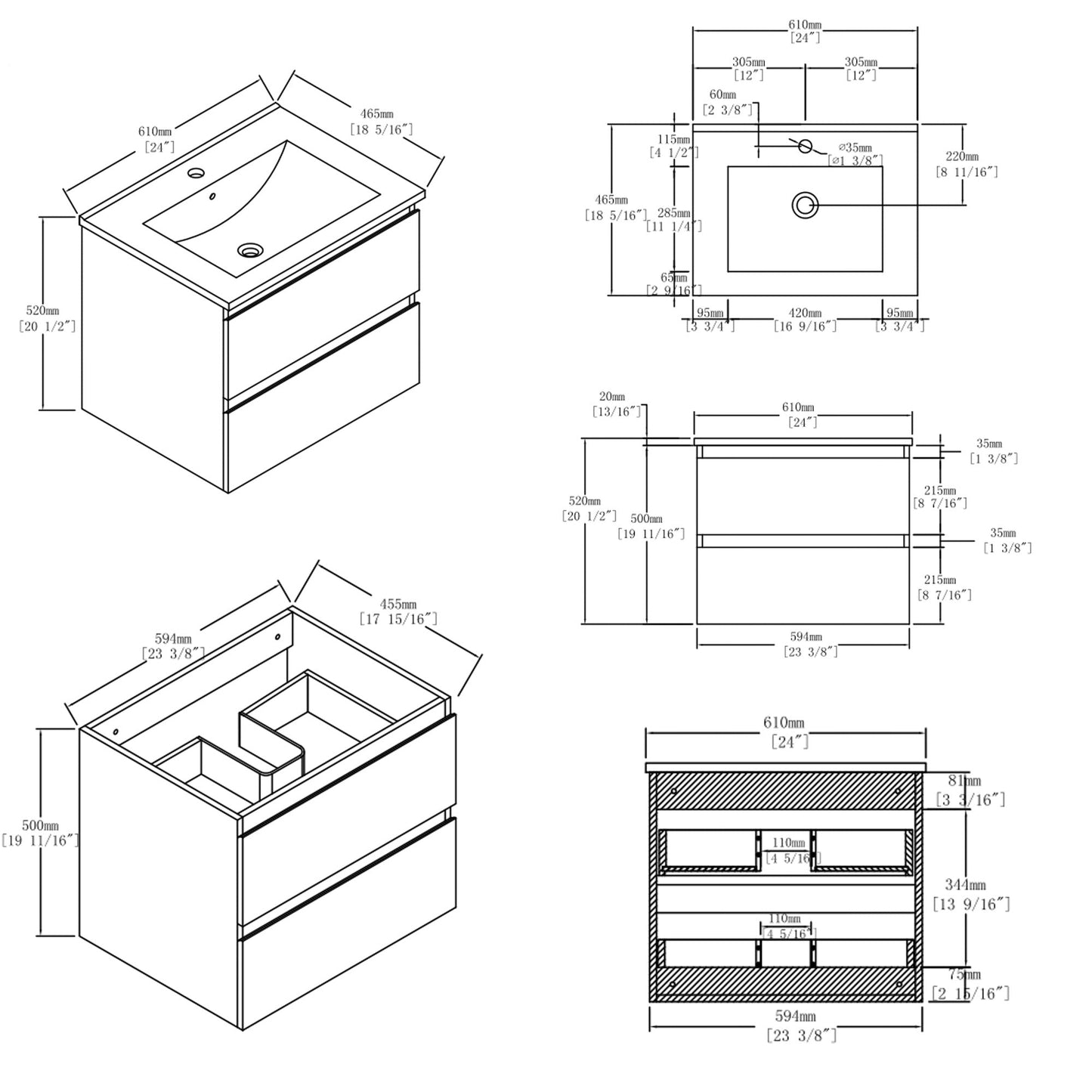 24 Inch Floating Bathroom Vanity with Sink, Soft-Close Drawer, Ceramic Sink, Plywood