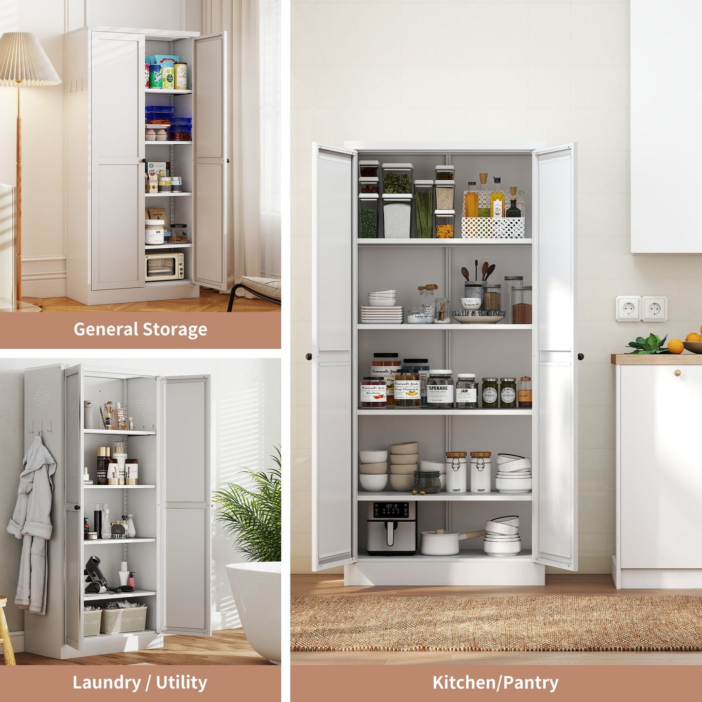 Kitchen Pantry Cabinet Adjustable Storage With 4 Shelves, Heavy Duty Freestanding Pantry Organizer - White