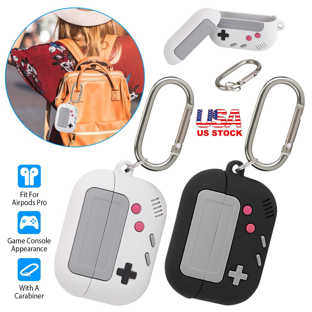 Silicone Protective Case Fit for Airpod Pro Full Protective Cover Shock-Absorbing Soft Silicone Case w/ Carabiner