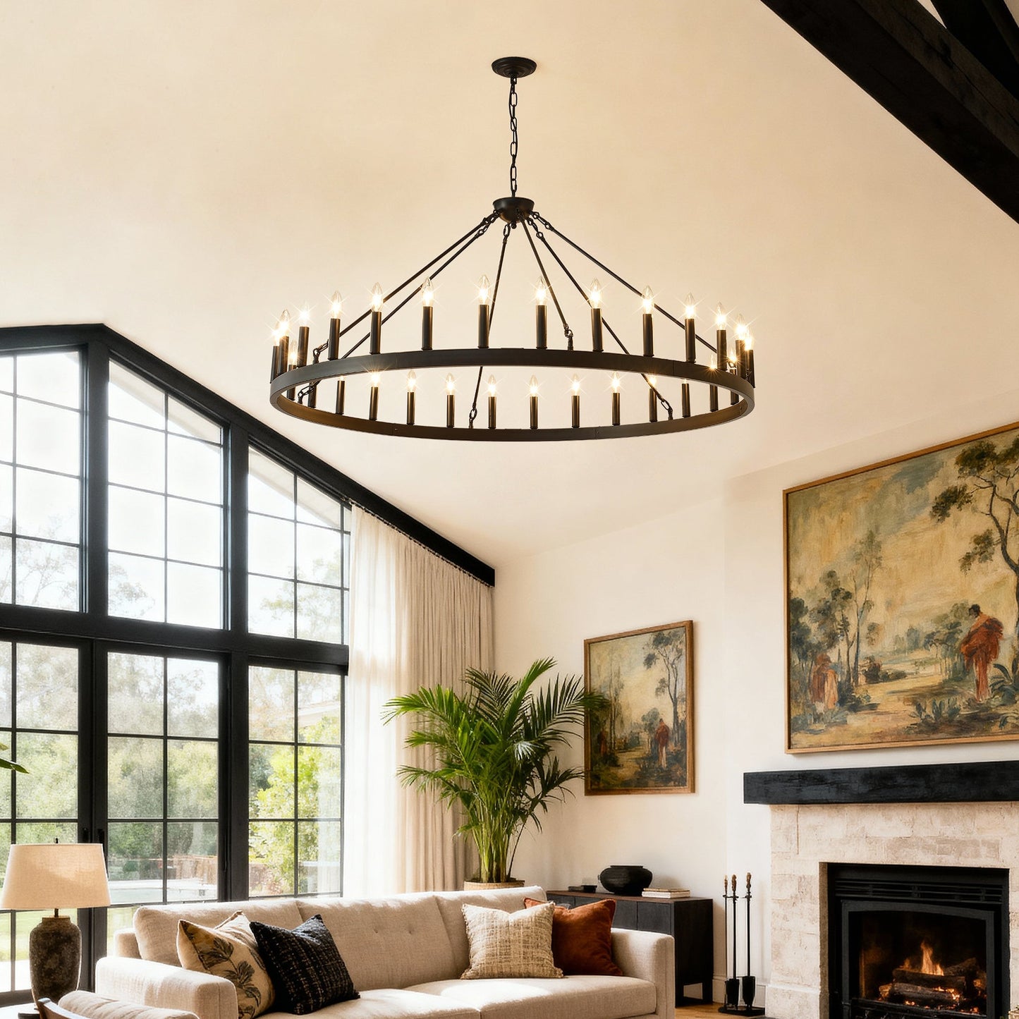 53.15 Inch Matte Black Wagon Wheel Chandelier with 30 Lights