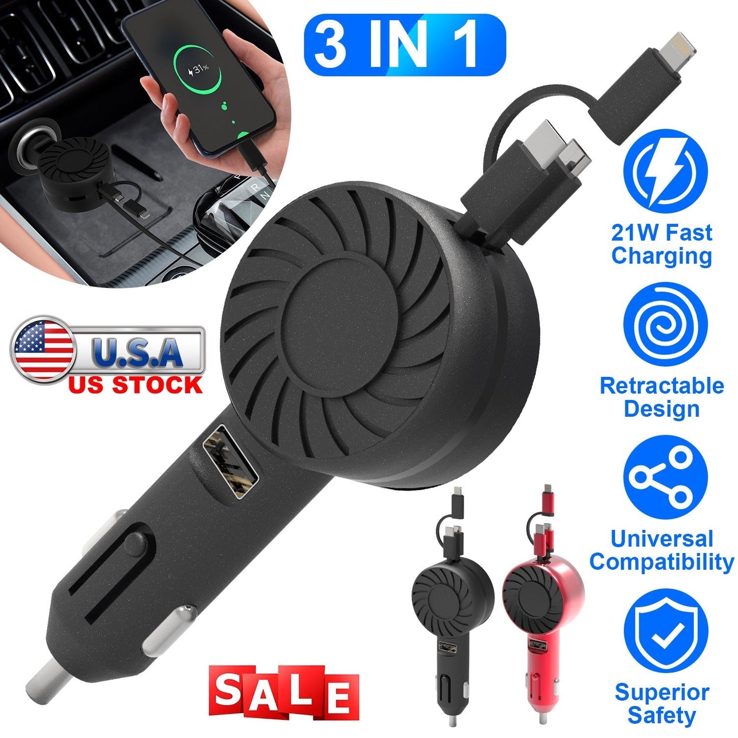 21W 3 In 1 Retractable Car Charger Fast Car Charger Mini Car Phone Charger with USB Port Type-C Cable LT & Micro Cable Fit For IOS Phone 15/14/13 And
