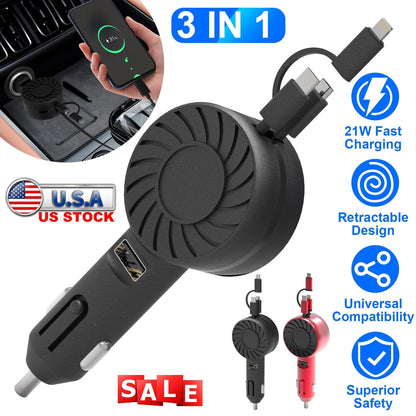 21W 3 In 1 Retractable Car Charger Fast Car Charger Mini Car Phone Charger with USB Port Type-C Cable LT & Micro Cable Fit For IOS Phone 15/14/13 And