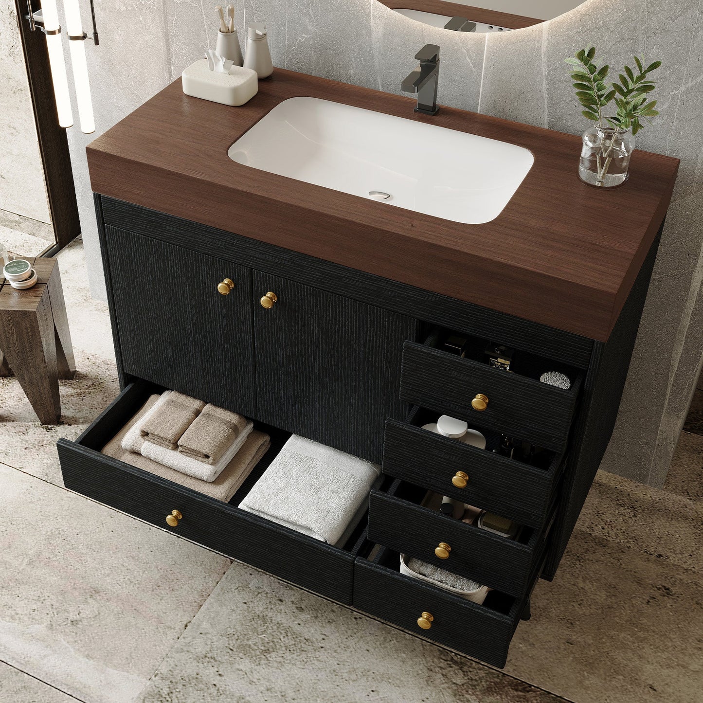 36" Freestanding Bathroom Vanity with Faux Marble Top, Ceramic Sink, 5 Drawers & Stainless Steel Legs