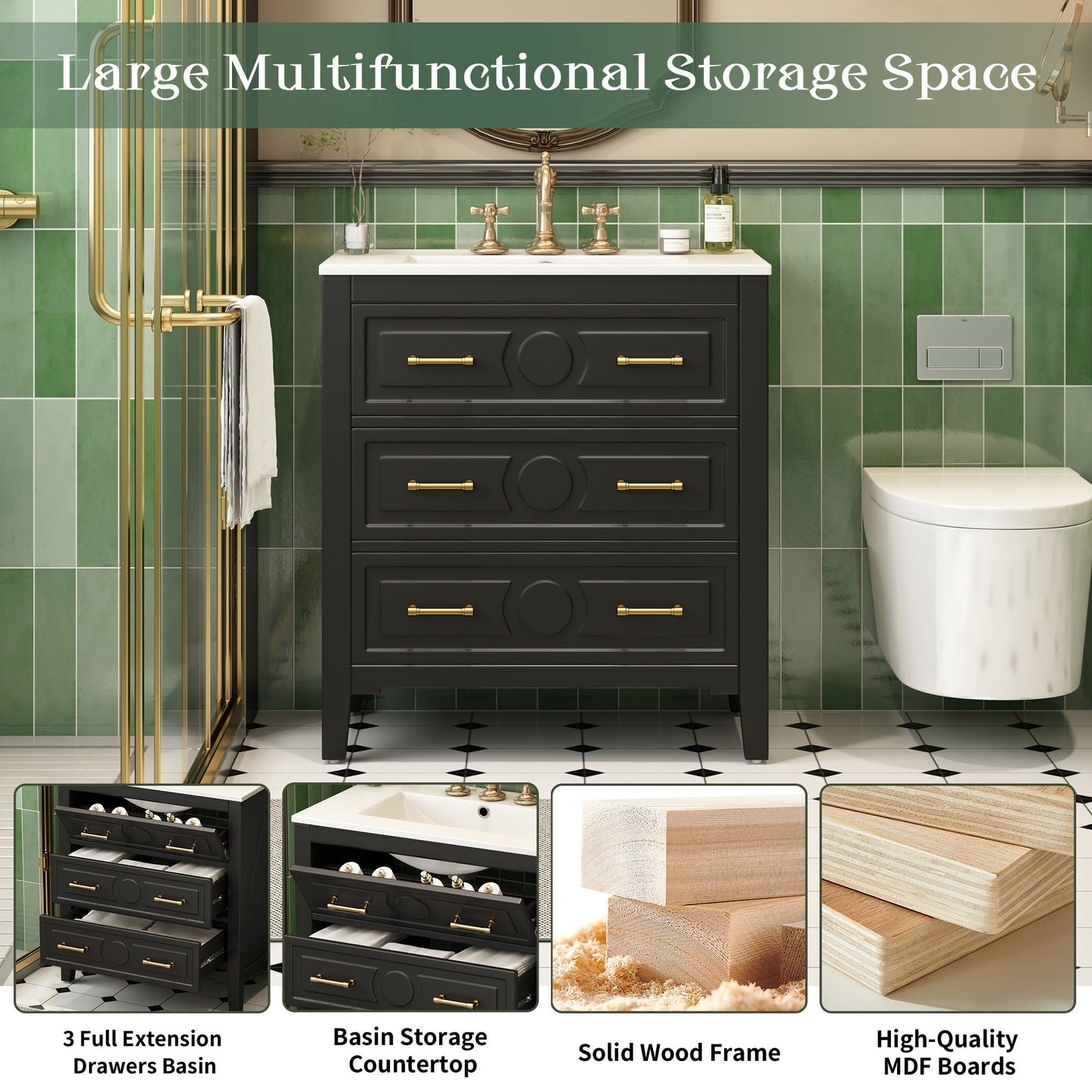 Retro Bathroom Vanity With Sink Combo, Free Standing Single Set With 3 Drawers