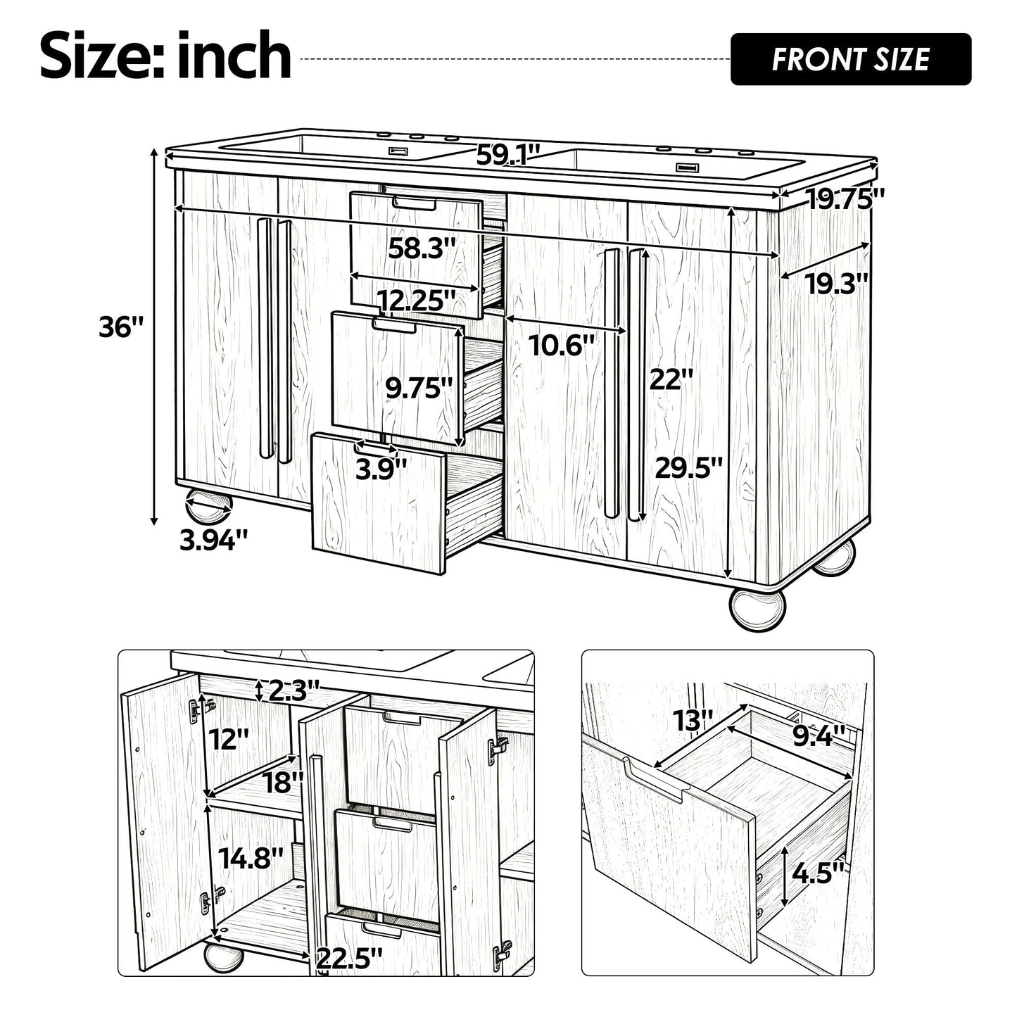 Double Sink Bathroom Vanity With Sinks, Soft Close Doors & 3 Drawers - Wood