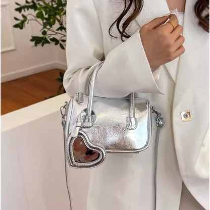Mini tote handbag silver, women's summer shoulder crossbody bag, versatile love small square bag, mini top handle purse