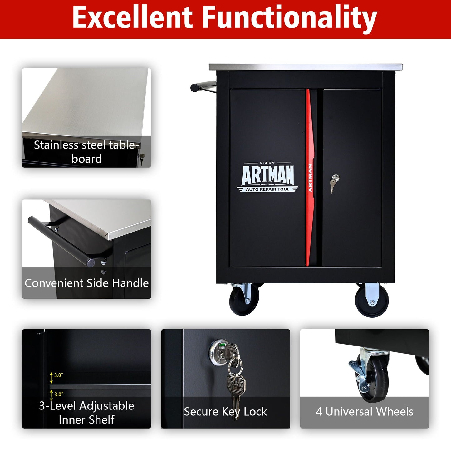 Double Door Clapboard Multi-Function Tool Cart - Black / Red