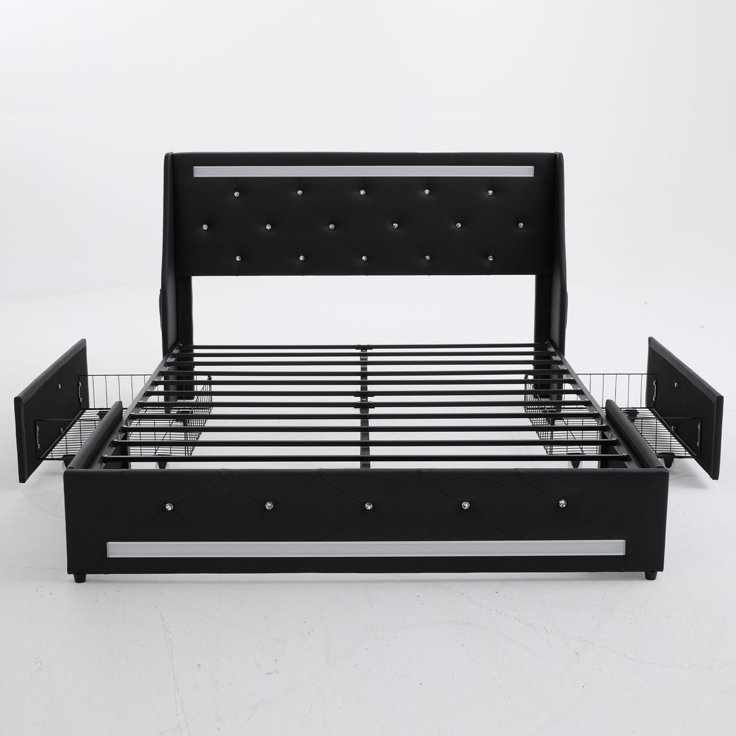 Wingback Upholstered Bed Frame With LED Lights, Charging Station