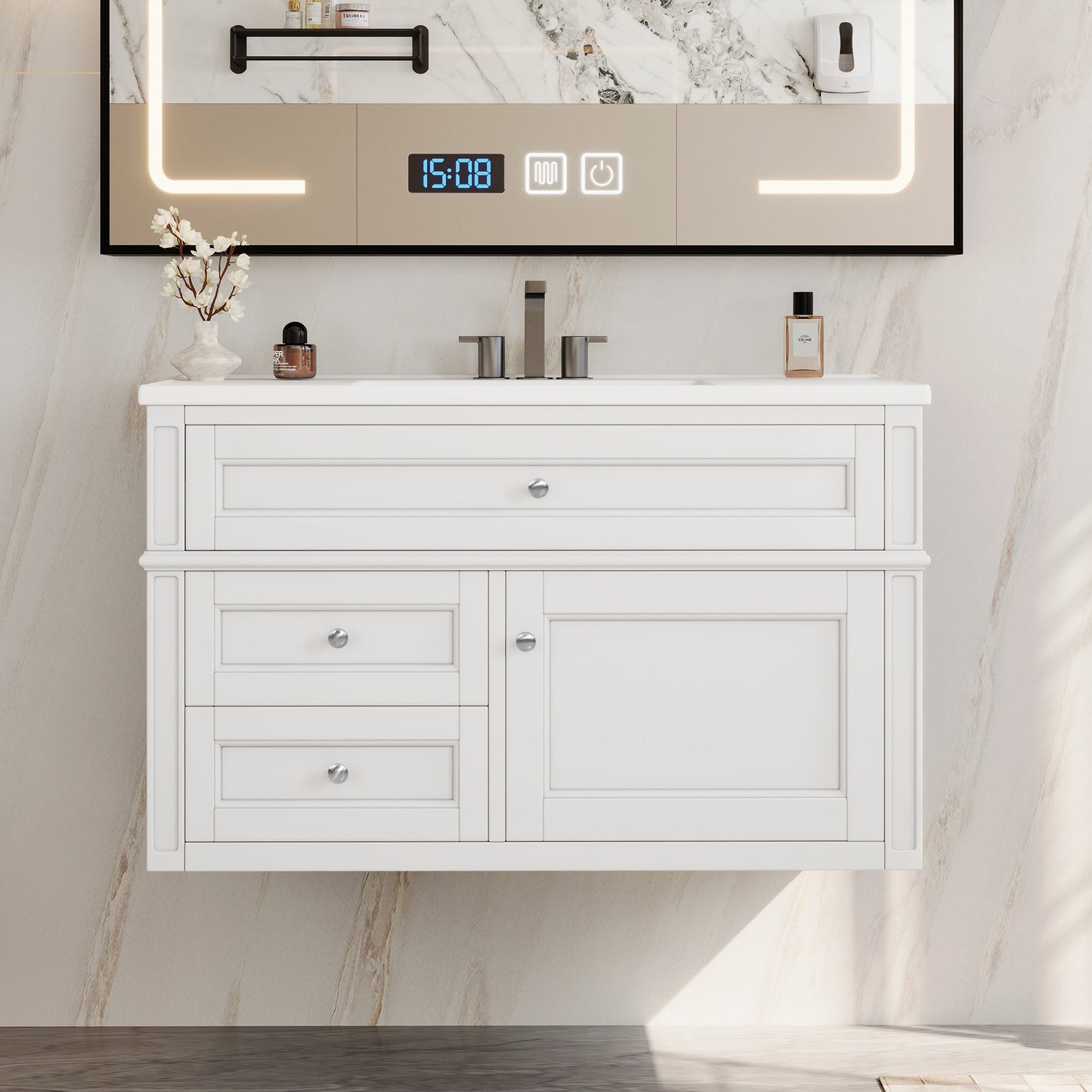 36" Wall Mounted Bathroom Vanity with Ceramic Sink and Storage