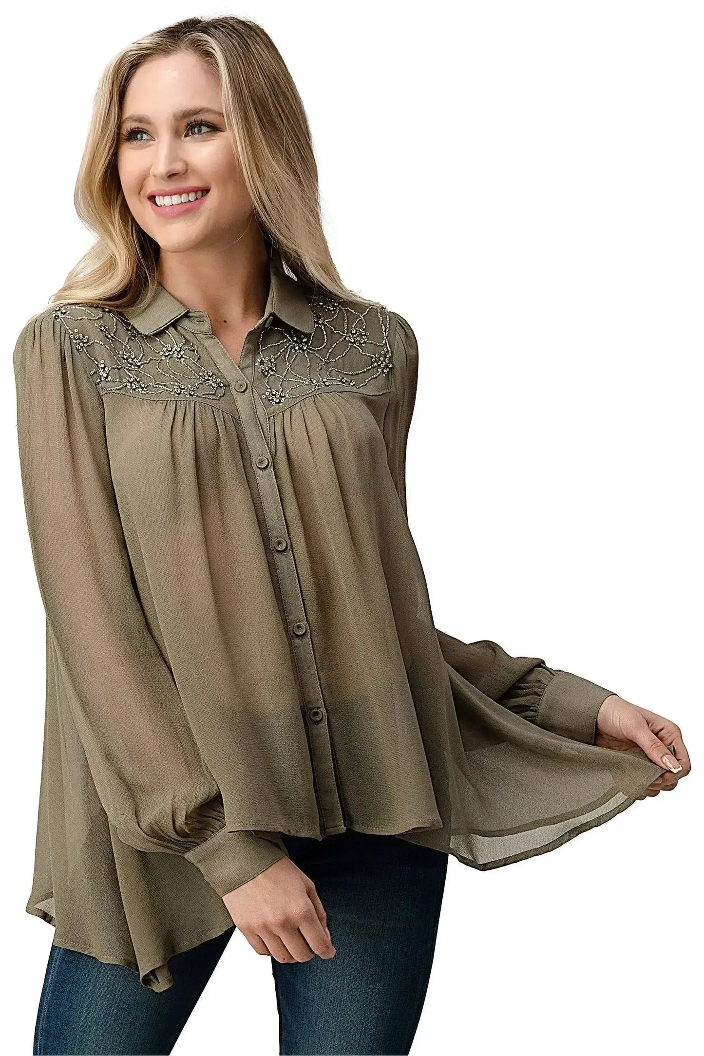 Embroidered Sheer Blouse - Beaded Jewel Trim Button-Up Top | Femstylo