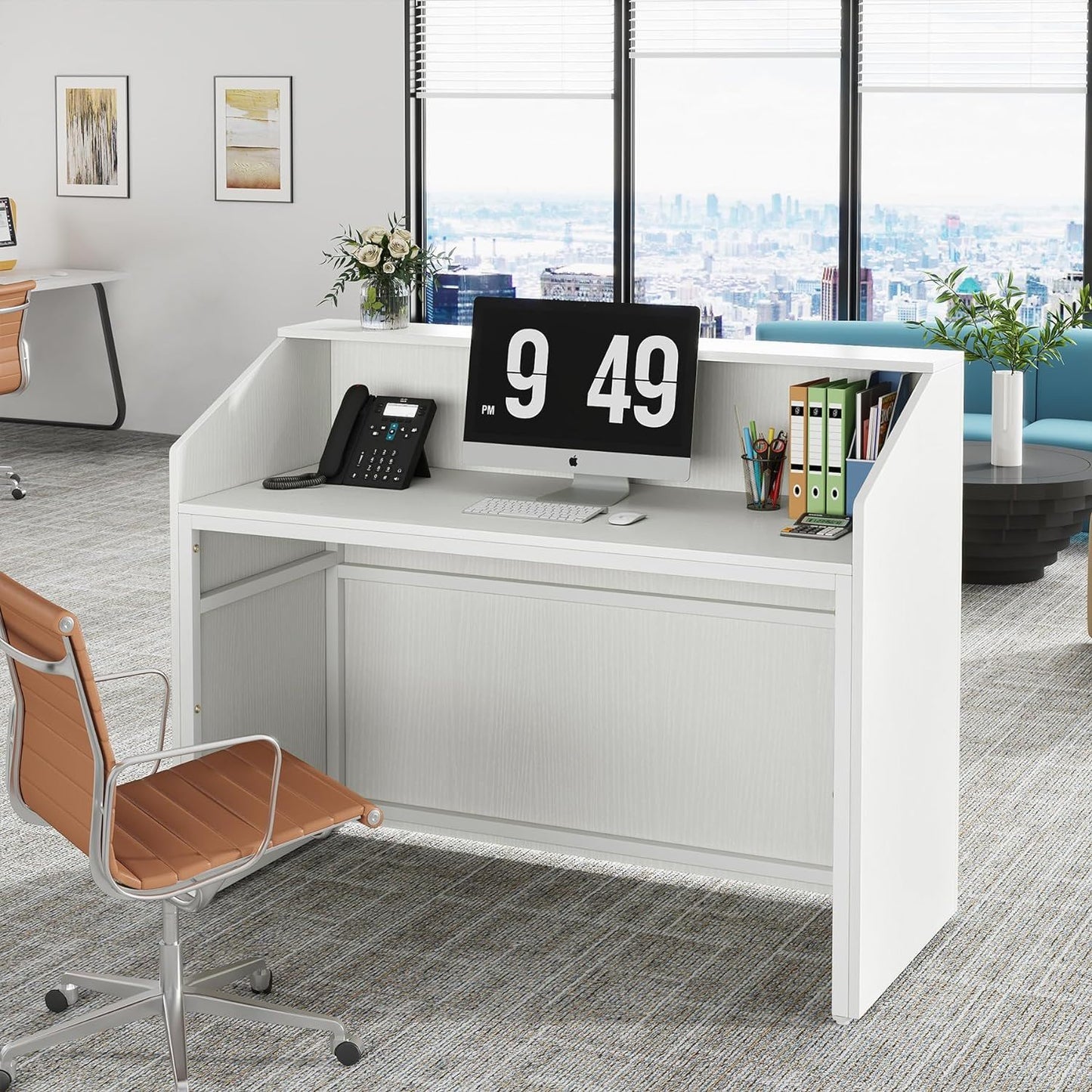 Modern Reception Desk, Front Desk Table With Cable Grommet & Privacy Panels