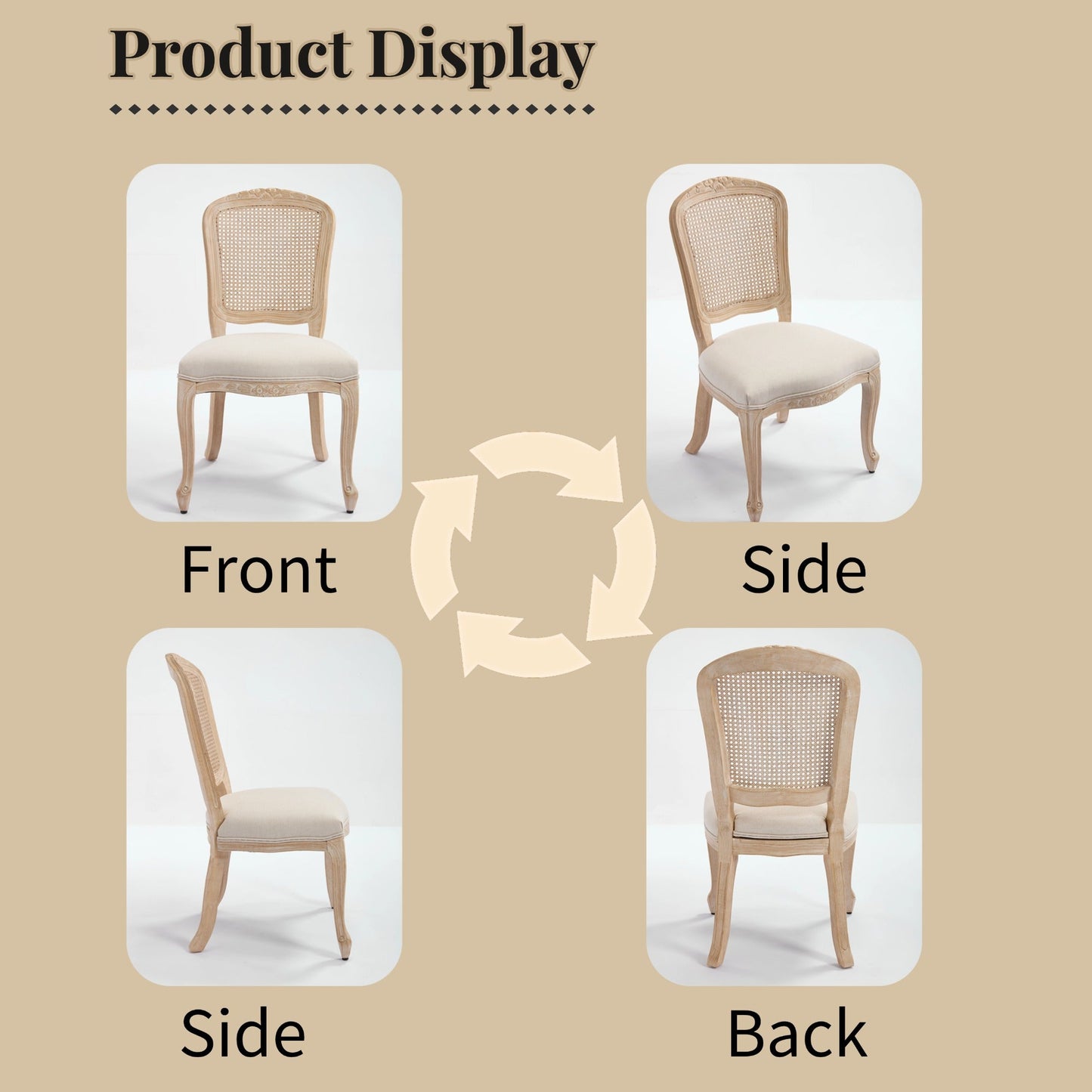 French Country Dining Chairs Set of 2, Upholstered with Rattan Fan-shaped Back