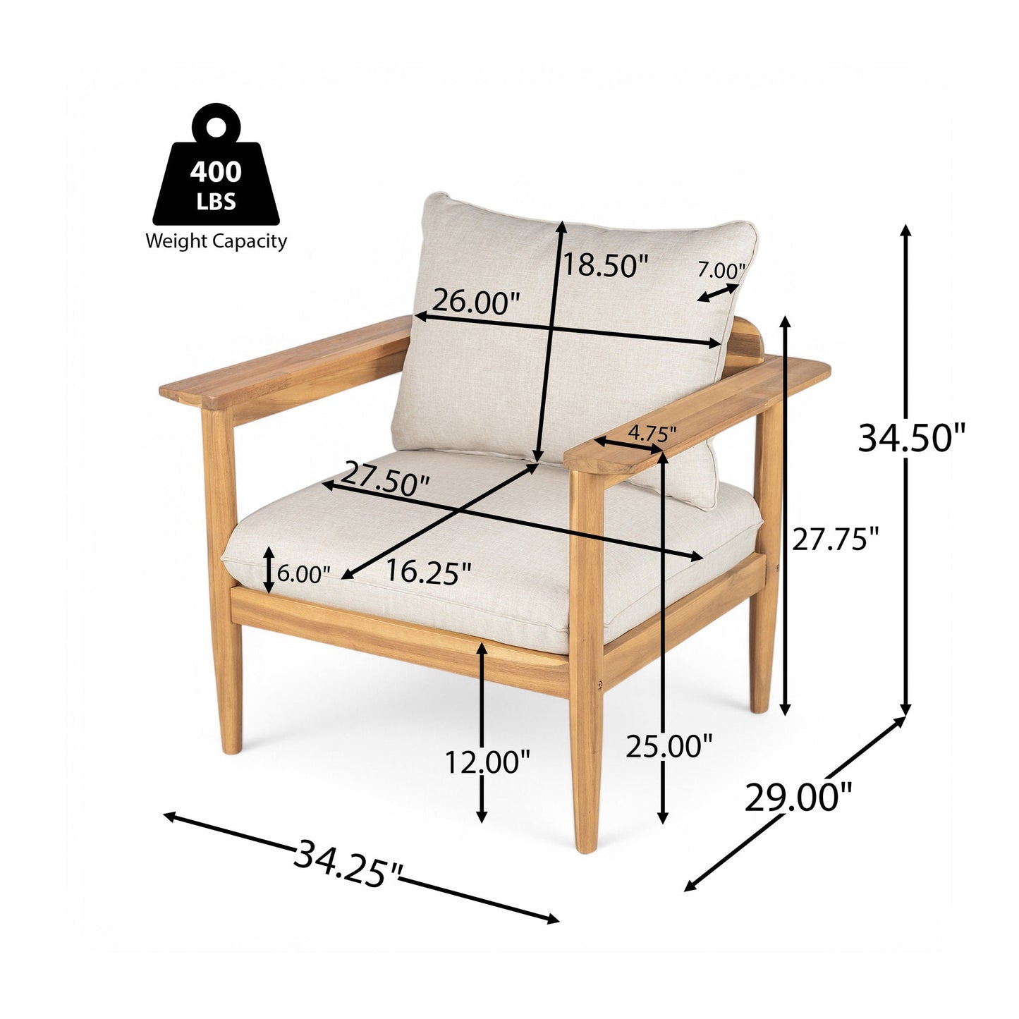 Terassi Outdoor Lounge Chair Set of 2 with Cushions - Beige / Light Teak
