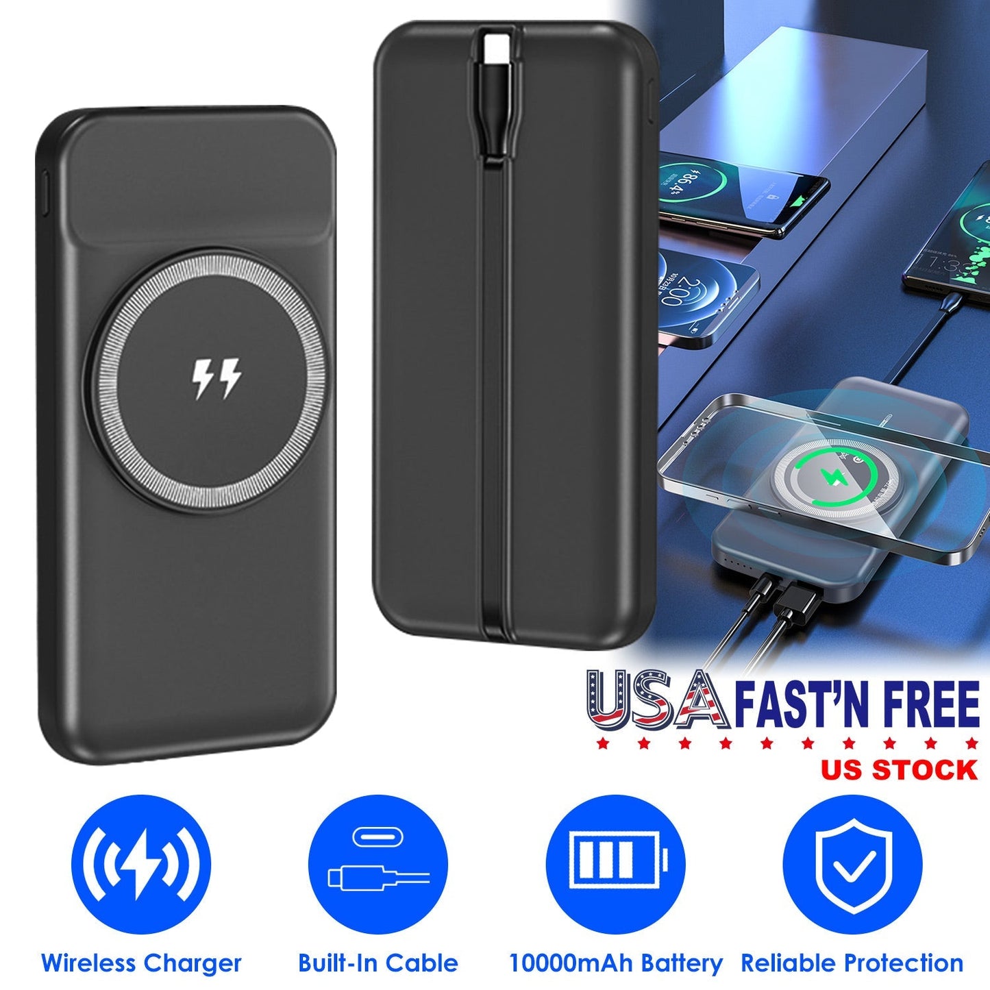 10000mAh 22.5W Magnetic Wireless Power Bank PD Fast Charging Portable Charger with Built-in Type-C Cables 15W Wireless Charging