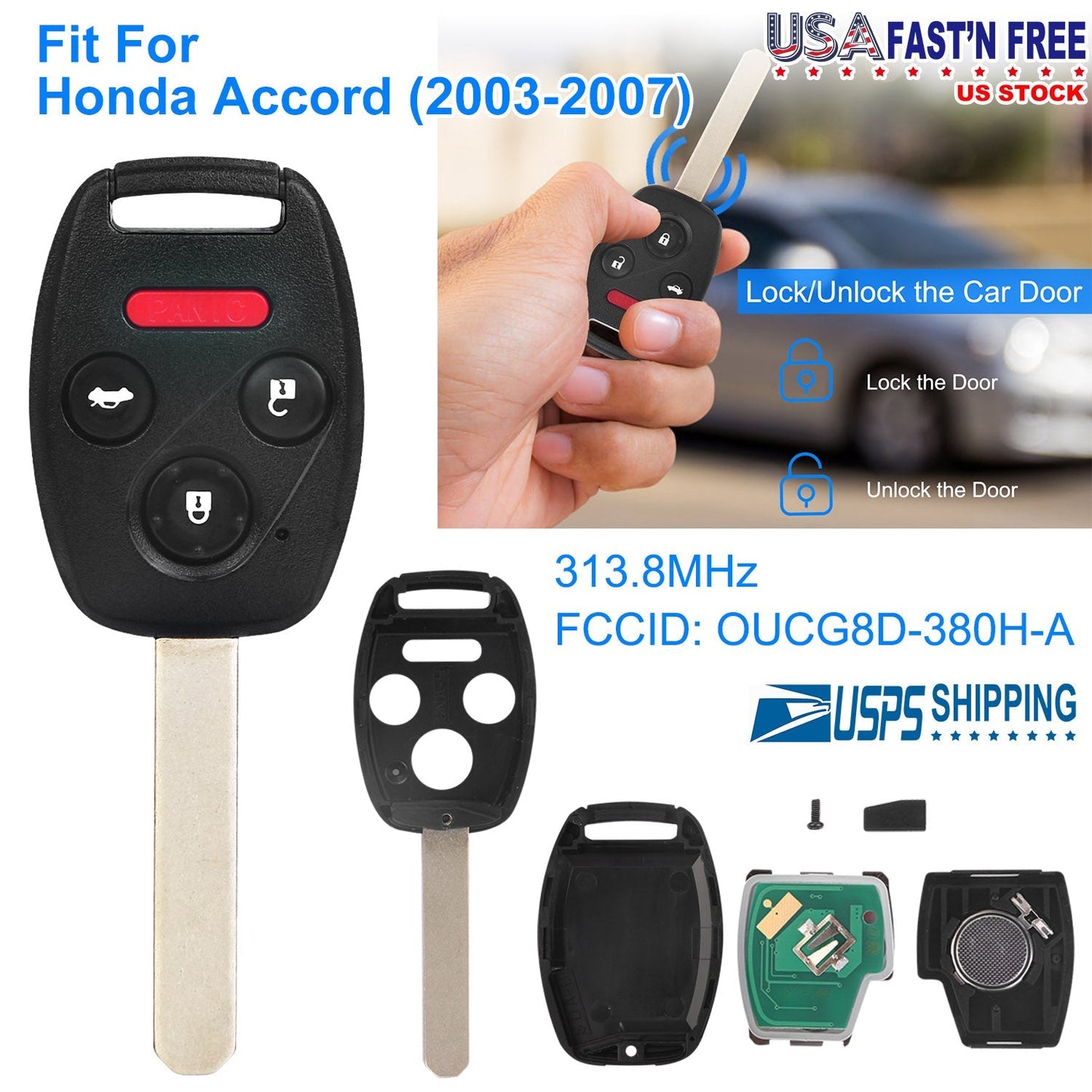 Fit For Honda Accord 2003-2007 Remote Keyless Entry Shell Button Car Key Fob Uncut Key Cover Case OUCG8D-380H-A FCCID 313.8MHz Frequency