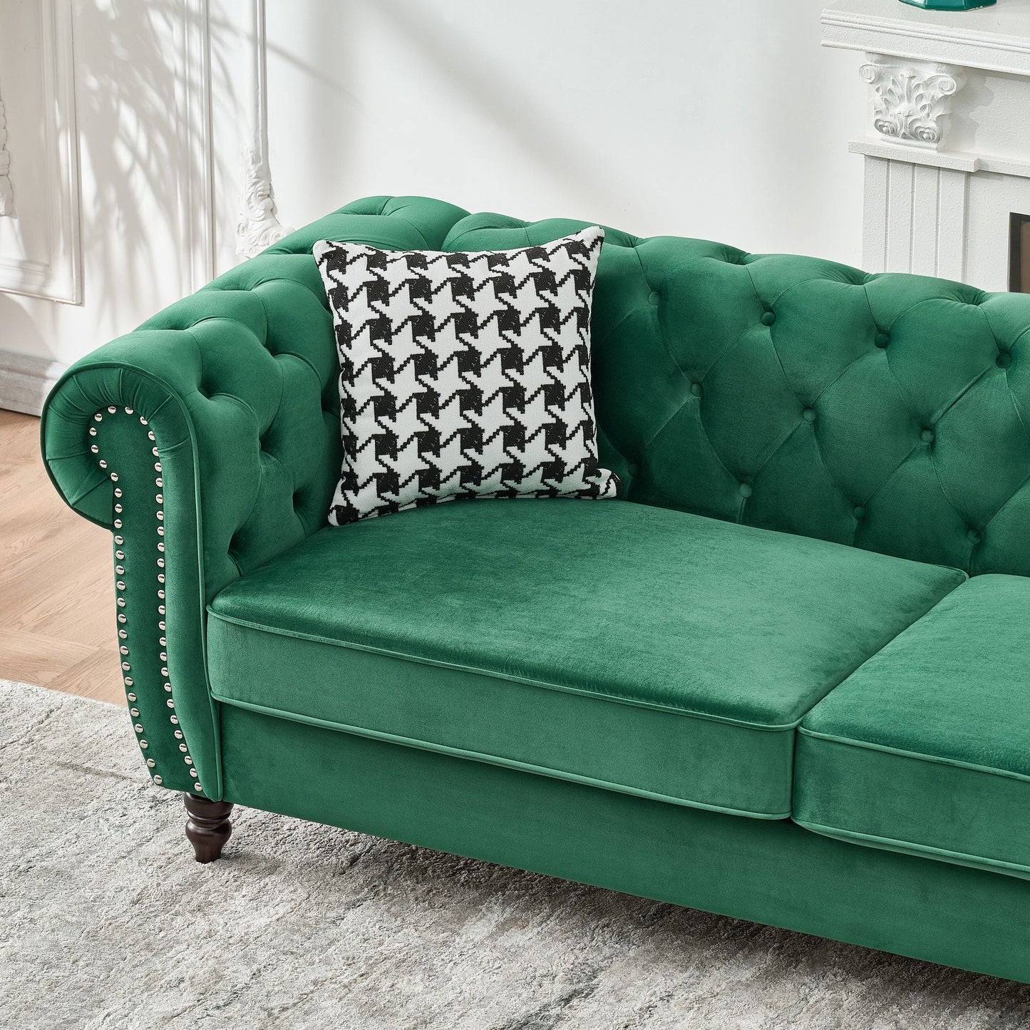 Chesterfield Fabric Sofa With Roll Armrest And Nailhead, Mid Century 2 Seater Couch