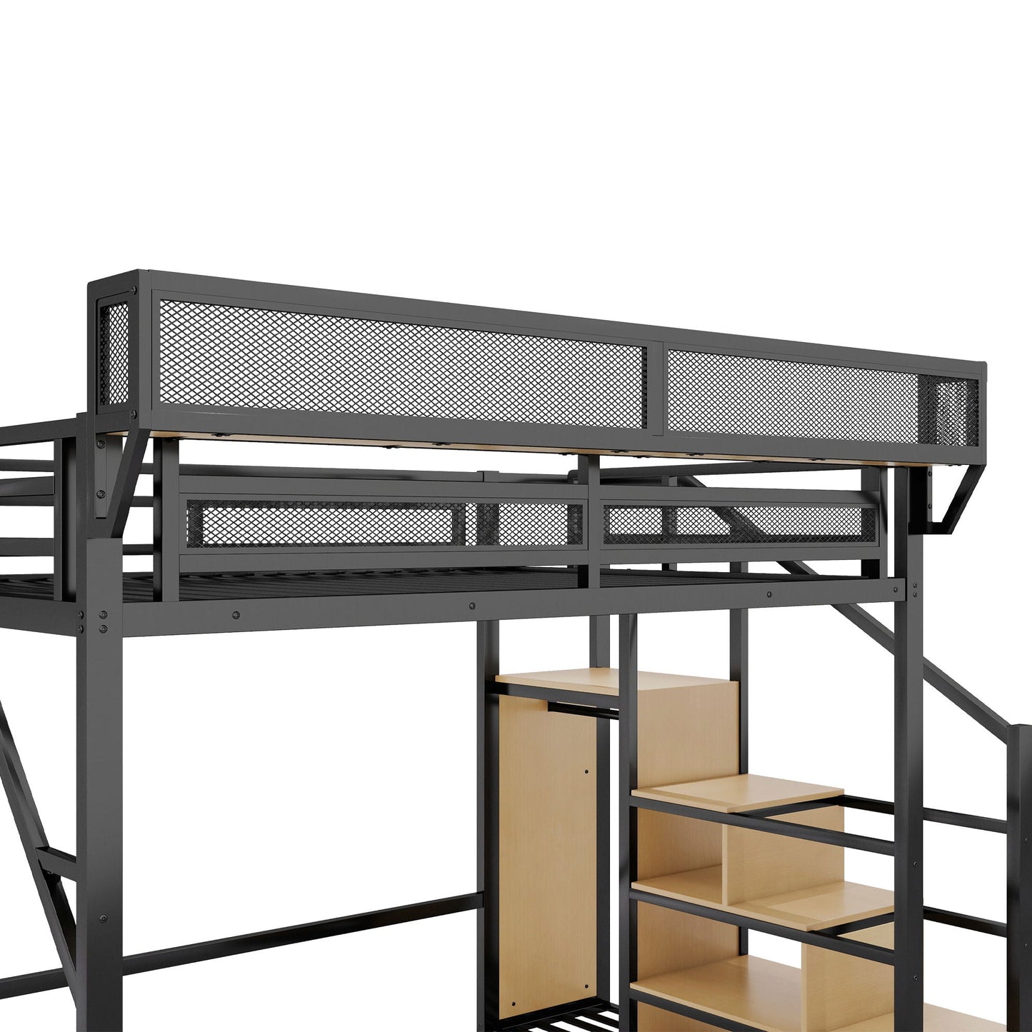 Queen Size Loft Bed & Stairs, Storage Shelves, Wardrobe - Black / Wood