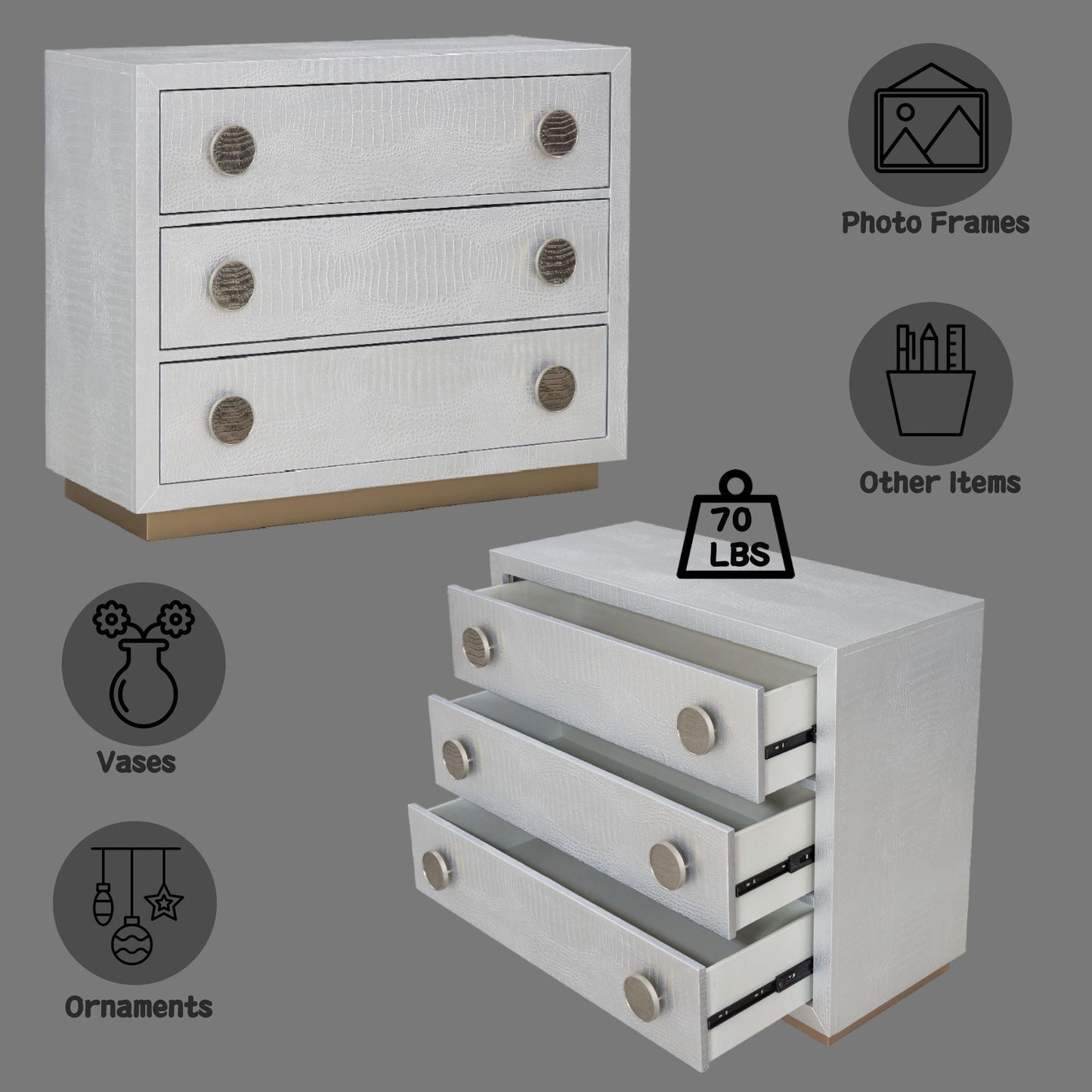 Anpu Faux Crocodile Skin Console Cabinet - Silver