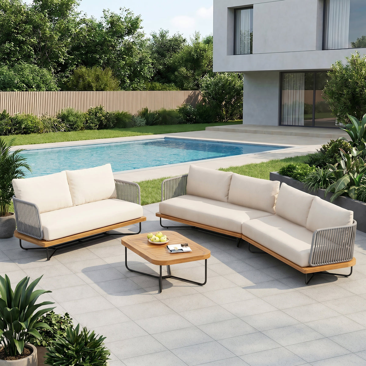 Lucca Outdoor 6 Seaters Acacia Wood and Rope Woven Patio Conversation Set