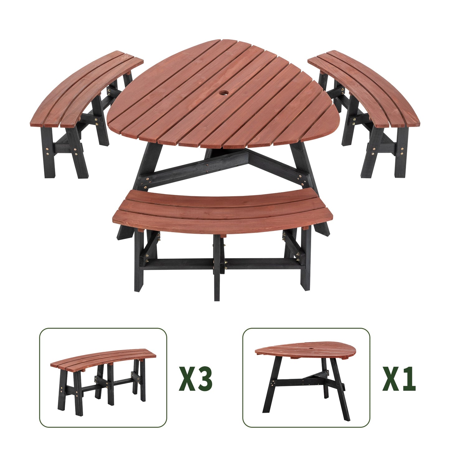 6-Person Semi-Circular Outdoor Solid Fir Wood Picnic Table Set, Rustic