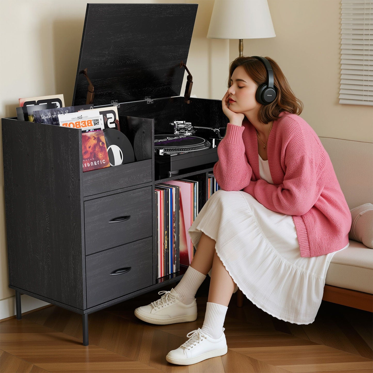 Grain Record Player Stand, Media Console With Speaker Shelf & 2 Drawers