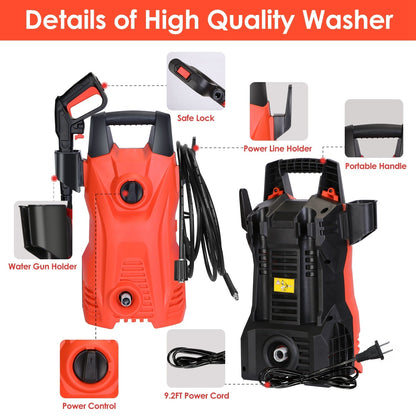 Electric High Pressure Washer 1740PSI Max 2.6GPM Powerful Car Washer Pressure Cleaner with Adjustable Spray Nozzle Soap Dispenser IPX5 Waterproof for