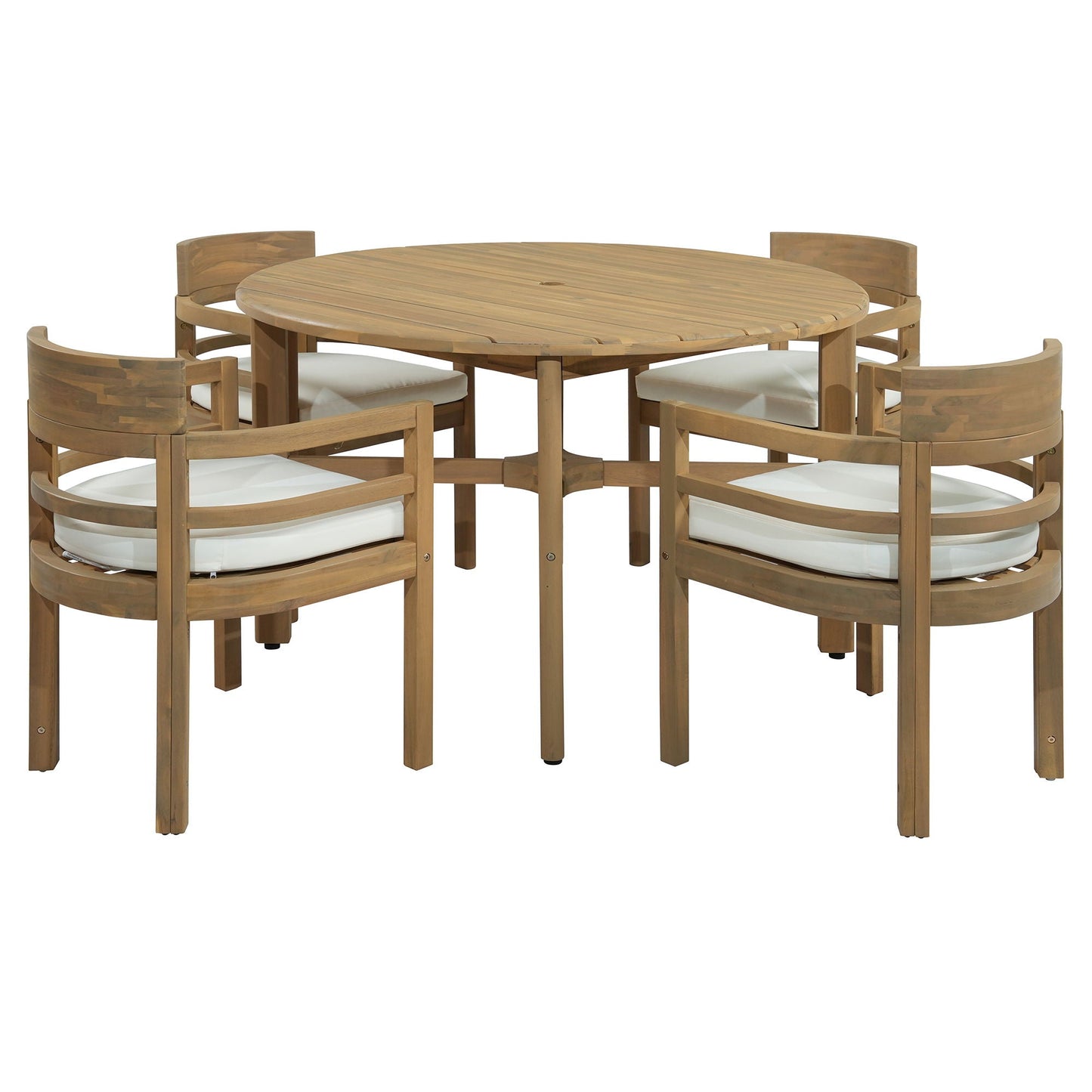 5 Piece Round Patio Table & Cushioned Armrest Chairs, Outdoor Dining Set With Umbrella Hole
