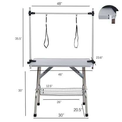 Folding Dog Pet Grooming Table Stainless Steel Frame Rubber Mat On Board With Adjustable Arm And Clamps Pet Dog Cat Grooming Table