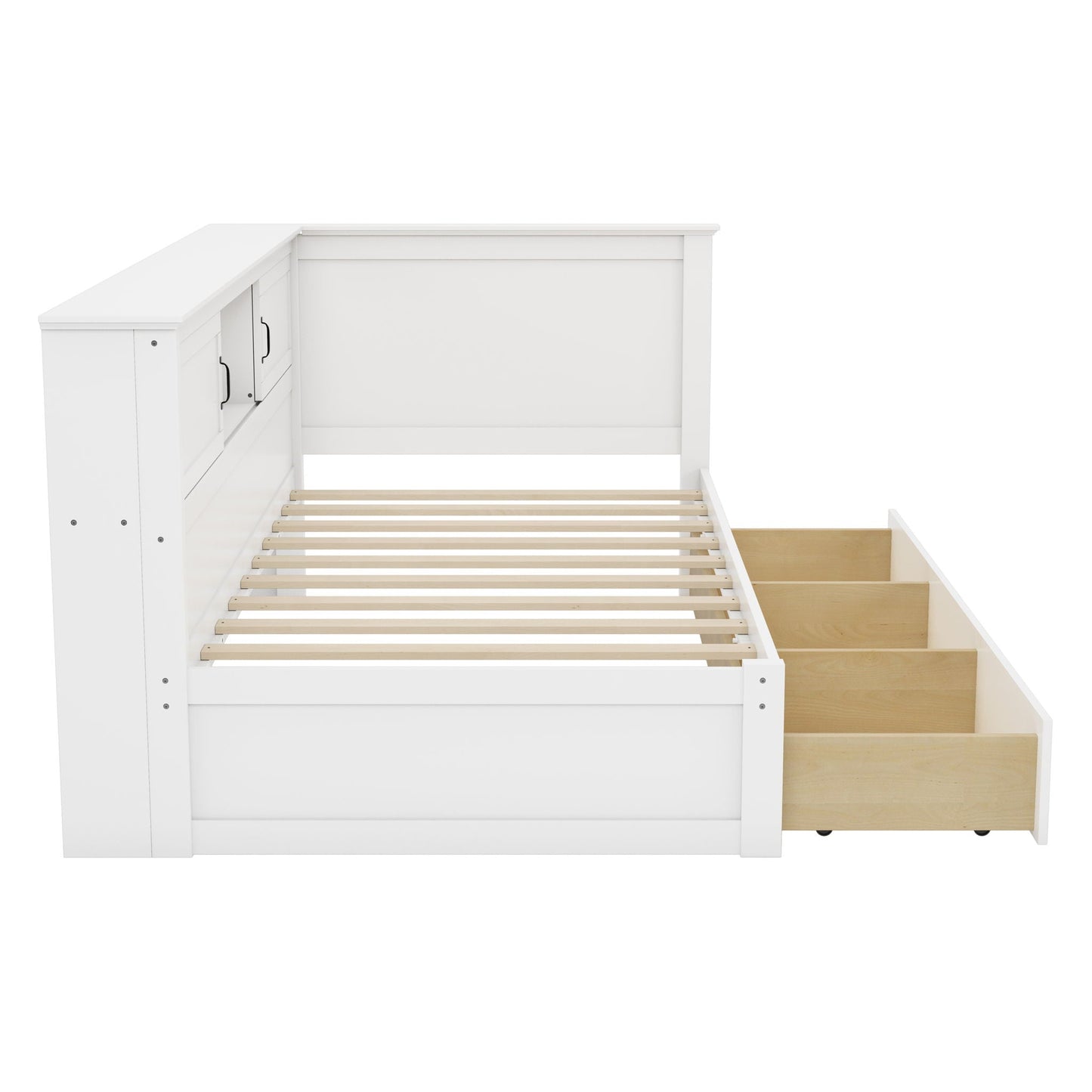 Twin Size L - Shaped Captain Bed With Drawer And Bookcase, LED Downlight And USB Charging Station - White