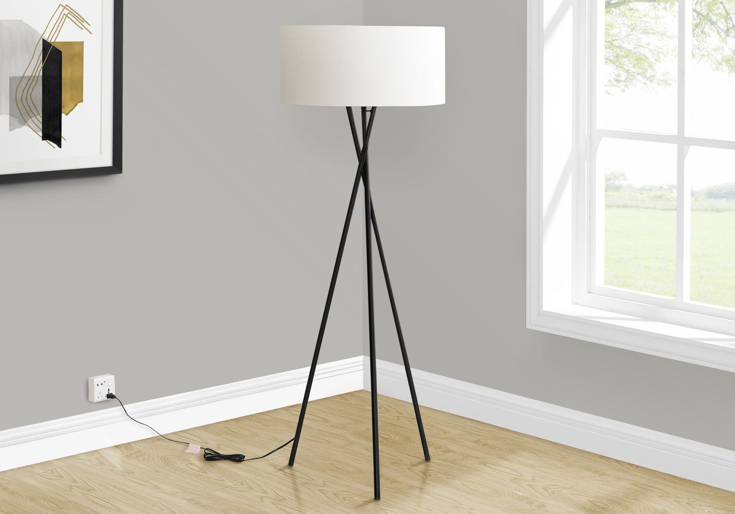 8th Street Black Metal Floor Lamp with Ivory Fabric Shade
