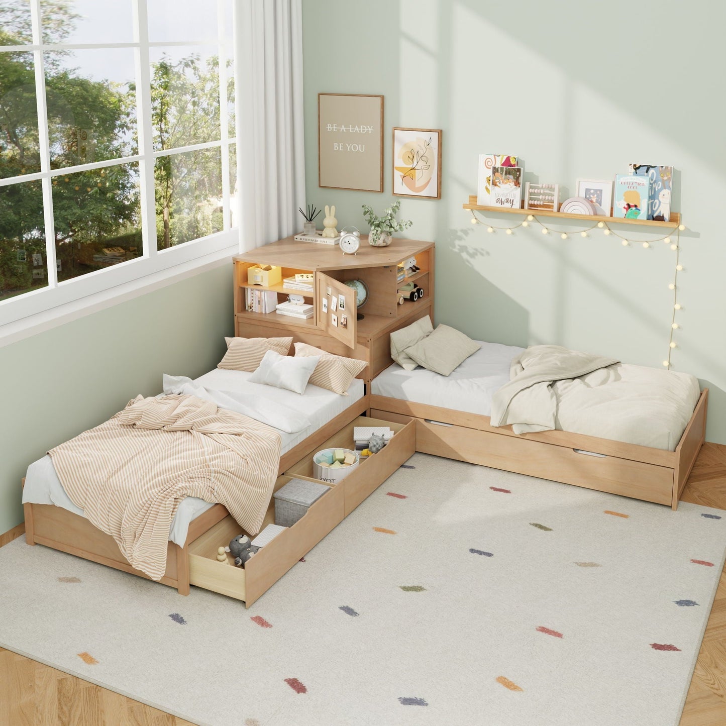 L-Shaped Bed Frame With Trundle, Built In Desk & LED Lighting