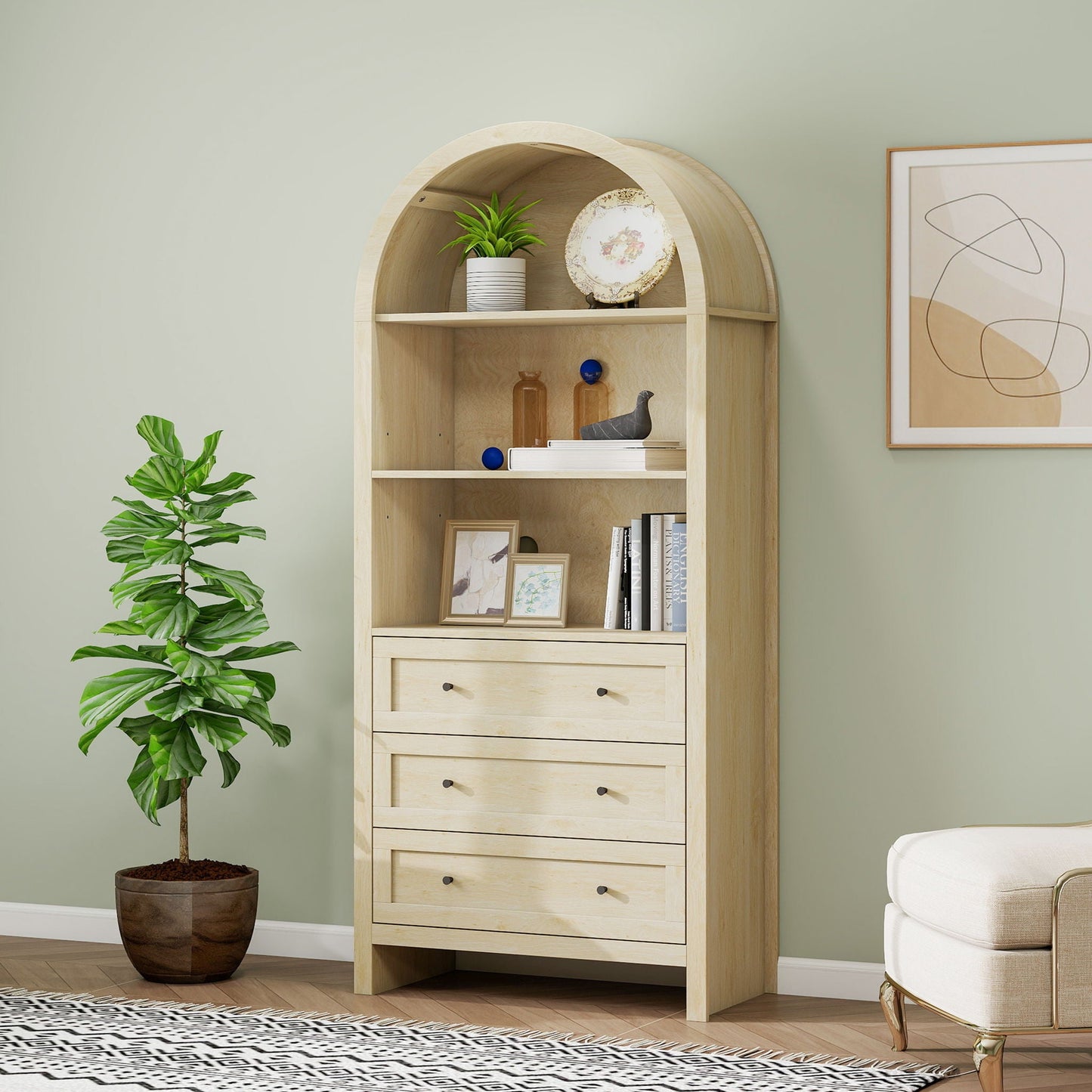 Arched Kitchen Pantry, Modern Farmhouse Wood Kitchen Storage Cabinets, Arched Storage Display Cabinet With Adjustable Shelves, Versatile Cupboard For Kitchen, Dining Room, Living Room - Natural