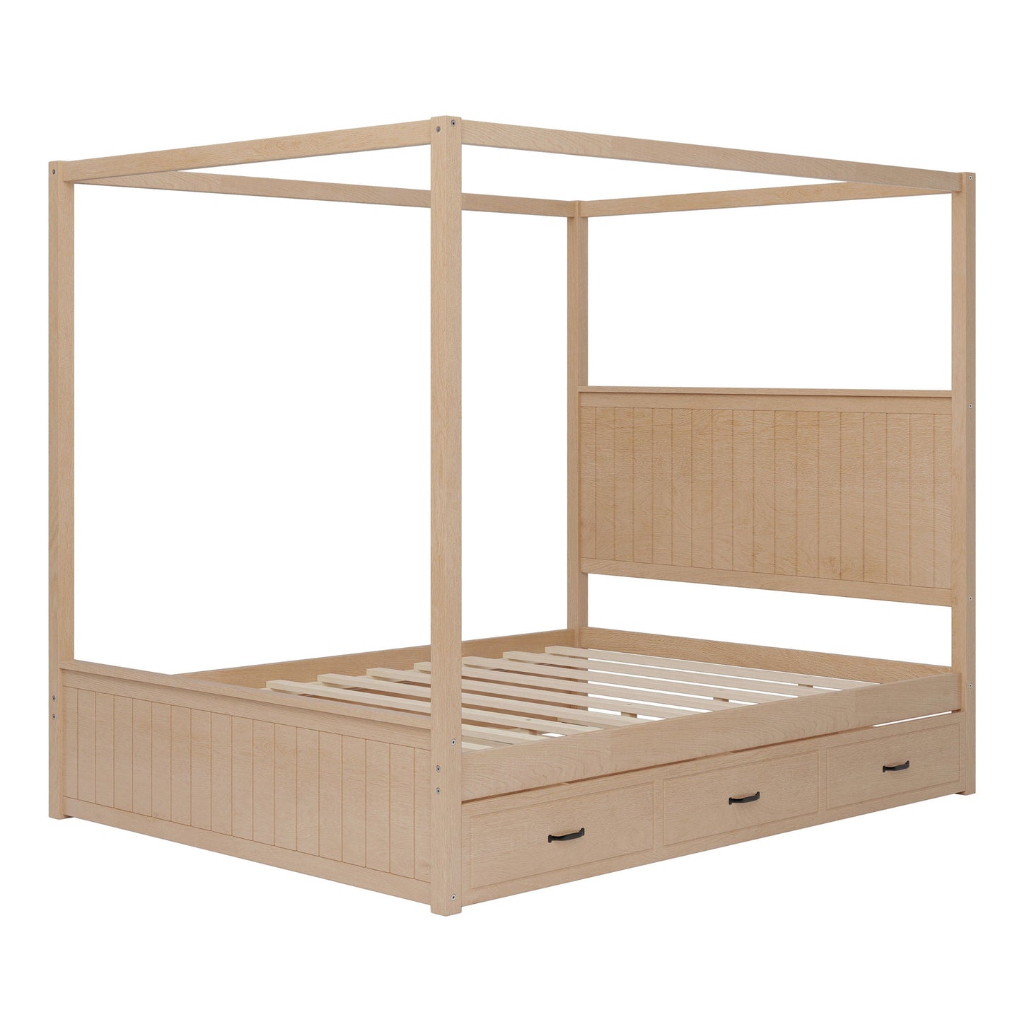 Queen Size Canopy Platform Bed With Trundle And 3 Storage Drawers, 4 Post, No Box Spring Needed - Natural