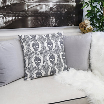 Gothic Damask Skull Throw Pillow – Black & White Cotton Linen