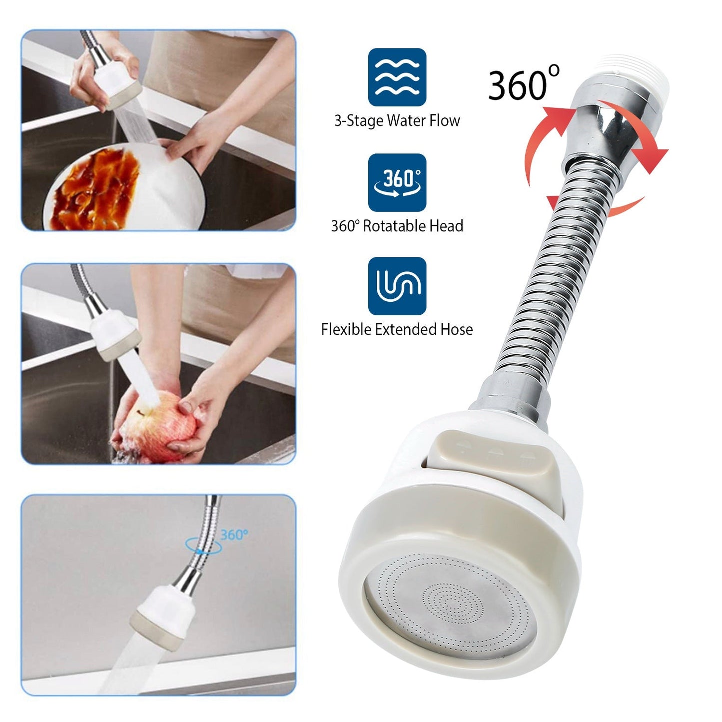 Movable Kitchen Tap Head 360¡ Rotatable Swivel Water-Saving Faucet Anti-Splash Sink Tap Head Spray Aerator w/ Three Modes Flexible Extended Hose For H