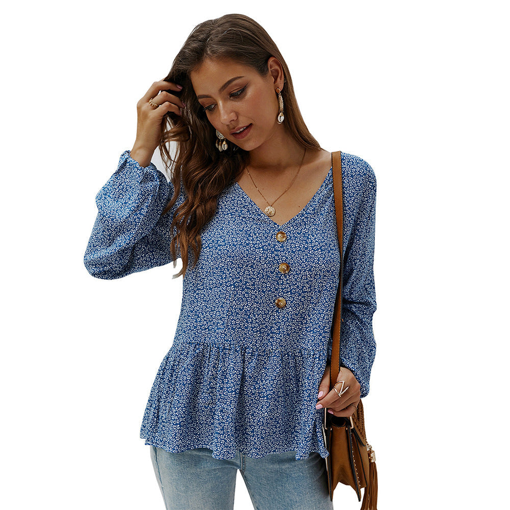 New Product Floral Long-sleeved V-neck Shirt Top